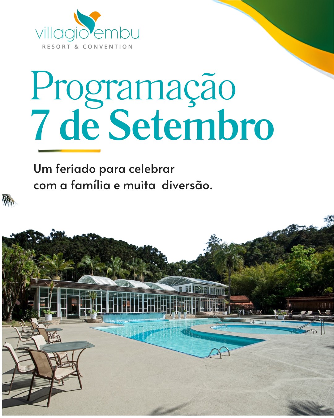**7 de Setembro no Villagio Embu: um feriado para viver em família! 🇧🇷**
Prepare-se para dias de muita diversão, atividades recreativas, esportivas, aventuras e experiências especiais para todas as idades.
A programação foi pensada para acompanhar cada momento da hospedagem, com atividades durante o dia e atrações especiais para reunir toda a família.
Entre os destaques estão a **Caminhada da Independência**, oficinas, desafios, atividades na natureza, brincadeiras temáticas e atrações especiais da **Buriki**, incluindo a **Experiência com Fósseis** e o espetáculo **Mundo Animal**.
É a oportunidade de aproveitar o feriado em meio à natureza, com toda a estrutura de lazer do Villagio Embu e muitos momentos para transformar a hospedagem em uma experiência inesquecível.
**Reserve sua estadia e venha viver o feriado de 7 de Setembro no Villagio Embu!**
#VillagioEmbu #7DeSetembro #Feriado #FeriadoEmFamilia #EmbuDasArtes #ResortEmSP #LazerEmFamilia #Buriki #ProgramacaoInfantil #DiversaoEmFamilia