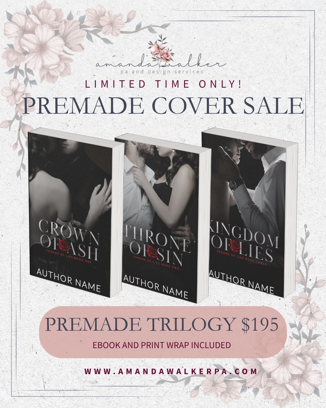 ๐ PREMADE COVER FLASH SALE ๐
๐ธ Premade Covers โ $65 each
๐ธ Ebook + full print wrap included
๐ธ Title, author name, tagline & basic font/color changes included
๐ธ Each design is exclusive and once itโs claimed, itโs gone!
๐ธ No expiration on when you must use them
Dark romance. Mafia. Contemporary. Sports romance. Romantic suspense. Sweet, spicy, angsty and everything in between.
Already have a future book in mind? You can claim your cover now and hold onto it until you're ready for formatting.
๐ Browse available covers at www.AmandaWalkerPA.com
๐ DM me with the cover/design you'd like to claim.
Limited time only. Once theyโre gone, theyโre gone.
#PremadeBookCovers #BookCoverDesign #RomanceAuthor #IndieAuthor #RomanceBookCover #AuthorServices #IndiePublishing #SelfPublishedAuthor #BookCoverDesigner