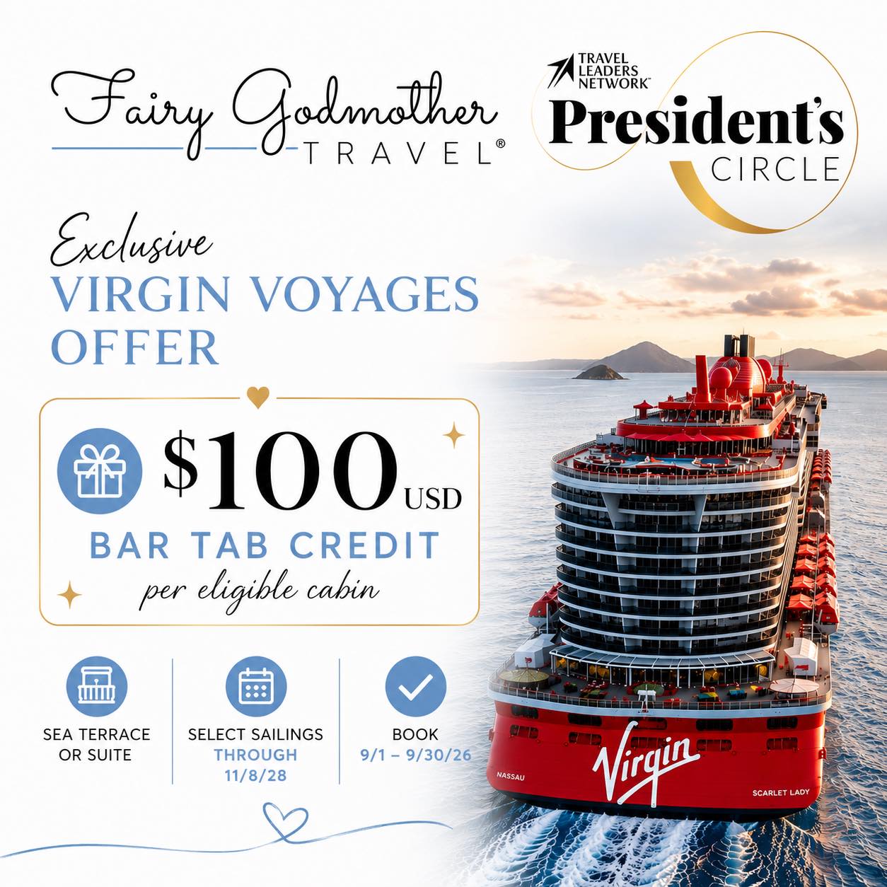 It’s a new month and we have a NEW exclusive President’s Circle offer! 🤩
Book your next Virgin Voyages cruise with us, and receive a $100 Bar Tab Credit per eligible cabin on select voyages! 💰🍸🙌
🗓️ Book between TODAY & 9/30/26
🛏️ Book a Sea Terrace or Suite Category
⚓️ Travel by 11/4/2028
As a Travel Leaders Network President’s Circle agency, we have many perks for our clients & we’d love for you to take advantage of them ❤️.
Ready to set sail? 🚢
Contact us TODAY! 📲📧
#fairygodmothertravel #virginvoyages #cruisedeals #exclusiveperks #adultsonly #planwithus