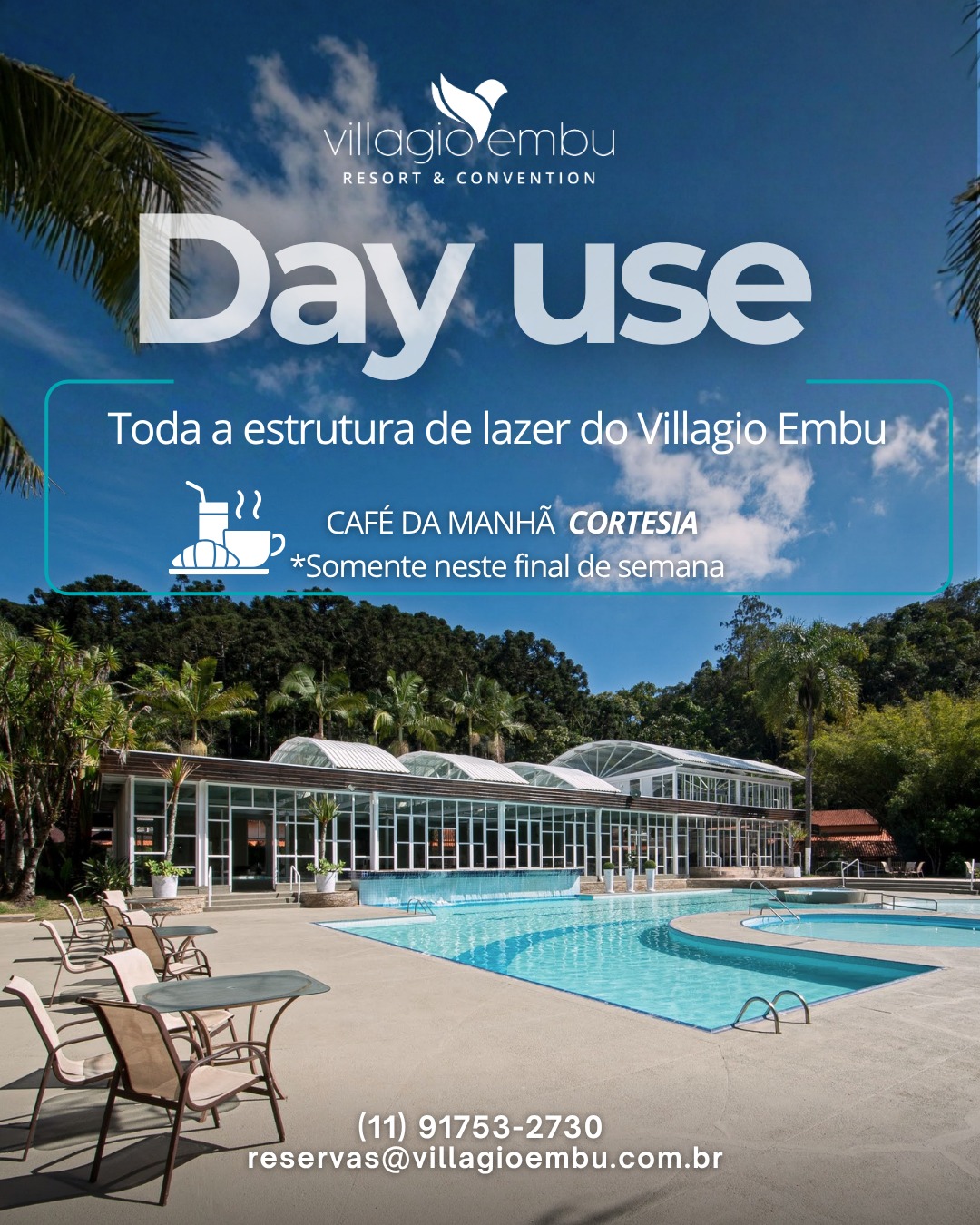 ☀️ DAY USE NO VILLAGIO EMBU
Um dia inteiro para relaxar, aproveitar a natureza e curtir toda a estrutura de lazer do Villagio Embu.
🏊 Piscina e áreas de lazer
🌿 Natureza para você desacelerar
☕ Café da manhã cortesia
✨ Uma experiência completa para aproveitar o dia
E tem mais: essa condição é especial para este final de semana.
Não deixe para depois. Separe um dia para você, sua família ou seus amigos.
📲 Reserve agora: (11) 91753-2730
📧 reservas@villagioembu.com.br
#VillagioEmbu #DayUse #DayUseSP #EmbuDasArtes #LazerSP #Piscina #FinalDeSemana #PasseioSP #Natureza #ResortSP #Familia #Relaxar