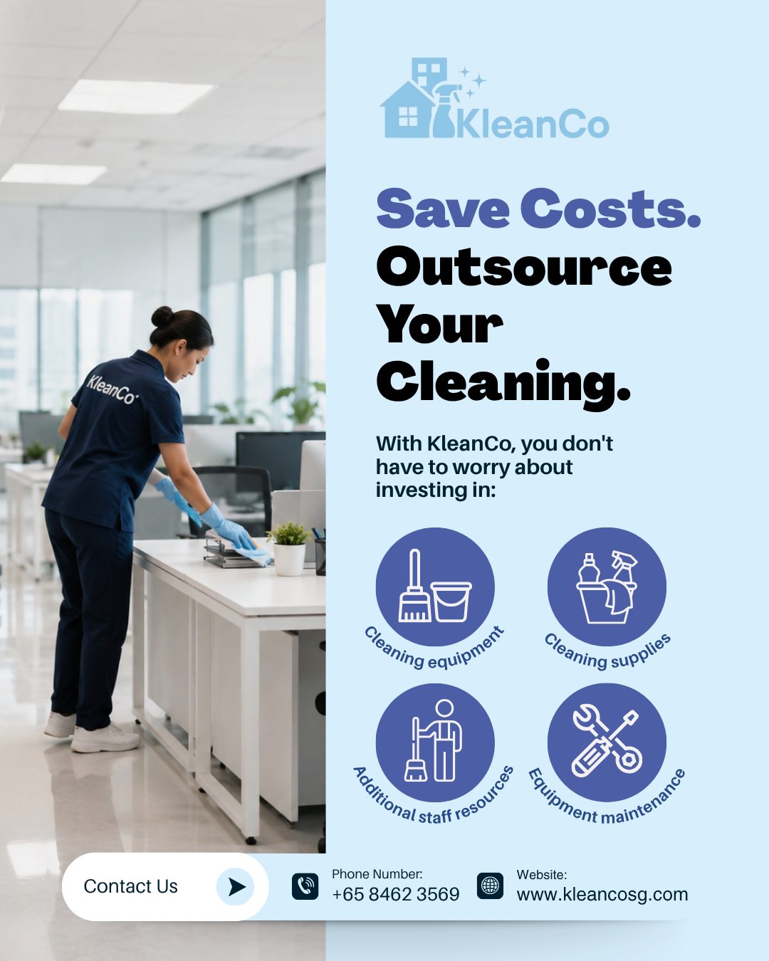 Hiring an in-house cleaning team may seem like the more affordable option, but the hidden costs can quickly add up. 🧹
From purchasing equipment and supplies to managing additional staff and ongoing maintenance, keeping cleaning in-house requires more time and resources than you might expect.
Outsourcing to a professional cleaning service means one streamlined solution for your workplace cleaning needs. ✨
✔️ Equipment provided
✔️ Cleaning supplies included
✔️ No maintenance worries
✔️ Less time spent managing cleaning operations
Focus on running your business while the professionals take care of the clean. 🏢✨
📩 Get in touch with KleanCo to find the right cleaning solution for your workplace.
