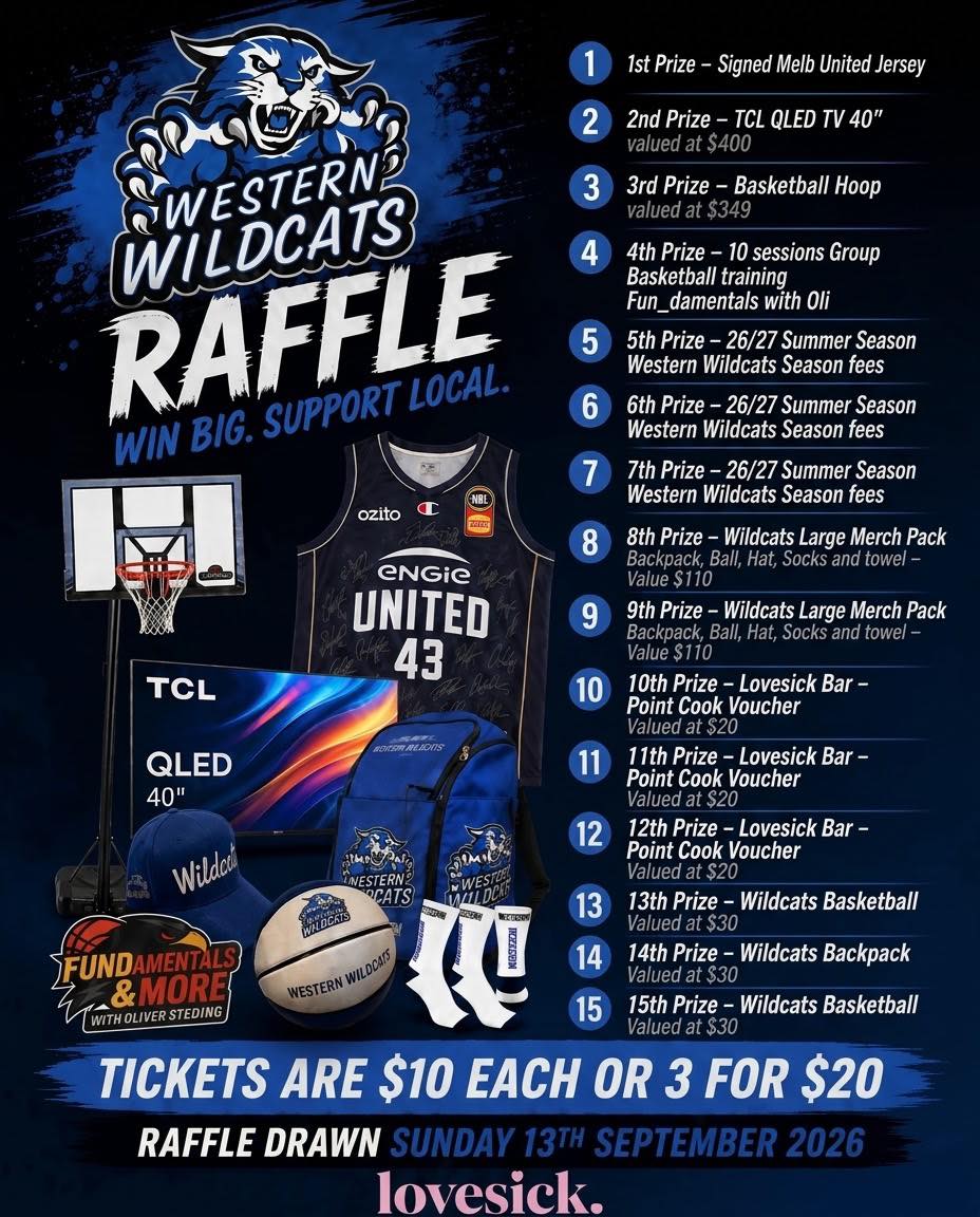 ๐๐ WESTERN WILDCATS END OF WINTER SEASON RAFFLE IS HERE! ๐๐
Want to WIN BIG while supporting our club?
Weโve got 15 fantastic prizes up for grabs, including:
๐ Signed Melbourne United jersey
๐บ TCL 40โ QLED TV valued at $400
๐ Basketball hoop valued at $349
โน๏ธโโ๏ธ 10-session group basketball training package
๐ Western Wildcats 26/27 season fees
๐ Wildcats merchandise packs
๐ Lovesick Bar Point Cook vouchers
๐ Wildcats basketballs, backpacks & more!
๐๏ธ Tickets are just $10 each OR 3 for $20!
๐
DRAWN AT PRESENTATION DAY
๐๏ธ Sunday 13th September 2026
Grab your tickets now be heading to:
https://tickets.rafflelink.com/western-wildcats-basketball-club/2026-western-wildcats?utm_source=buyer_share&utm_medium=share&utm_content=native&fbclid=IwcGRvZgNleHRuA2FlbQIxMQBzcnRjBmFwcF9pZA80Mzc2MjYzMTY5NzM3ODgAAR5pxTxVNtUWqHqbbUn4SIyKWS7H9VrIzr1GnLwaNPD8YAmQUL6qb8BI-H9OTw_aem_-Owtmps-ooDUcBkZmTg3NQ
Every ticket helps support the Western Wildcats Basketball Club and our players, teams and basketball community. ๐
๐ฅ Get your tickets, support local basketball and you could walk away with an amazing prize!
#WesternWildcats
#Wildcatsbasketball
#Westernwildcatsbasketball
#GoWildcats
#Localbasketball
#PointCookBasketball
#Altonabasketball
#Wyndhambasketball
#Youthbasketball
#Juniorbasketball
#WildcatsRaffle
#SupportLocal
#BasketballFamily
#WinBig
#PresentationDay
#GoWildcats ๐๐