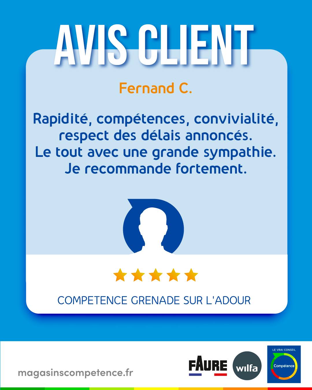 Merci à Fernand C. pour ce retour d'expérience chez Compétence GRANDE SUR ADOUR ! Continuez à nous faire part de votre avis ; chez Compétence nous sommes toujours en quête d'améliorations pour vous satisfaire !