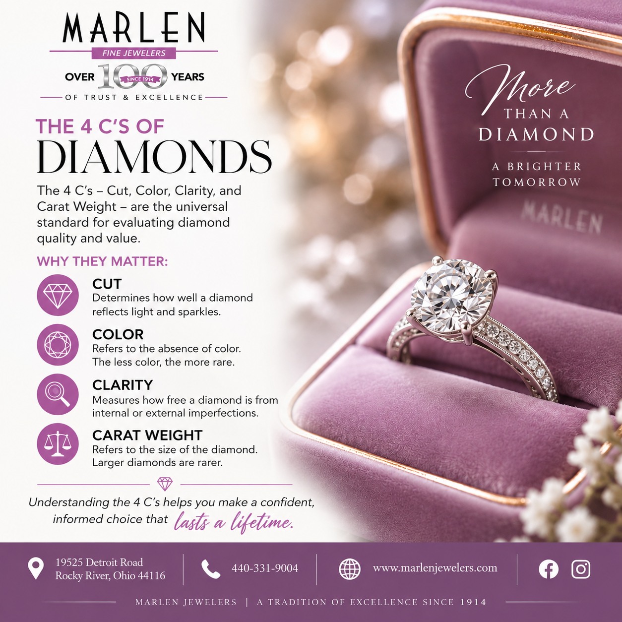 π Buying a diamond shouldnβt feel like guesswork.
Understanding the 4 Cβs β Cut, Color, Clarity & Carat Weight β gives you the knowledge to recognize what makes one diamond different from another and, more importantly, what matters most to you. β¨
π CUT β How beautifully your diamond reflects light and sparkles
βͺ COLOR β The amount (or absence) of color within the diamond
π CLARITY β The presence of natural internal or external characteristics
βοΈ CARAT WEIGHT β The measurement of a diamondβs weight and overall size
But hereβs the thing: the βbestβ diamond isnβt simply the one with the highest grades. Itβs the one that offers the right combination of beauty, quality, and value for you. β€οΈπ
With over 100 years of experience, Marlen Jewelers can walk you through the 4 Cβs, answer your questions, and help you make a confident, informed decision without making the process overwhelming.
β¨ Ready to learn more? Visit us in Rocky River and letβs find your diamond together.
π Marlen Jewelers
19525 Detroit Road, Rocky River, Ohio 44116
π 440-331-9004
π www.marlenjewelers.com
#MarlenJewelers #The4Cs #DiamondEducation #Diamonds #DiamondJewelry #EngagementRings #DiamondEngagementRing #FineJewelry #JewelryEducation #DiamondShopping #RingShopping #BridalJewelry #WeddingJewelry #SheSaidYes #Engaged #RockyRiver #RockyRiverOhio #ClevelandJeweler #ClevelandBrides #ClevelandWeddings #ClevelandOhio #ShopLocalCleveland #ShopLocalOhio