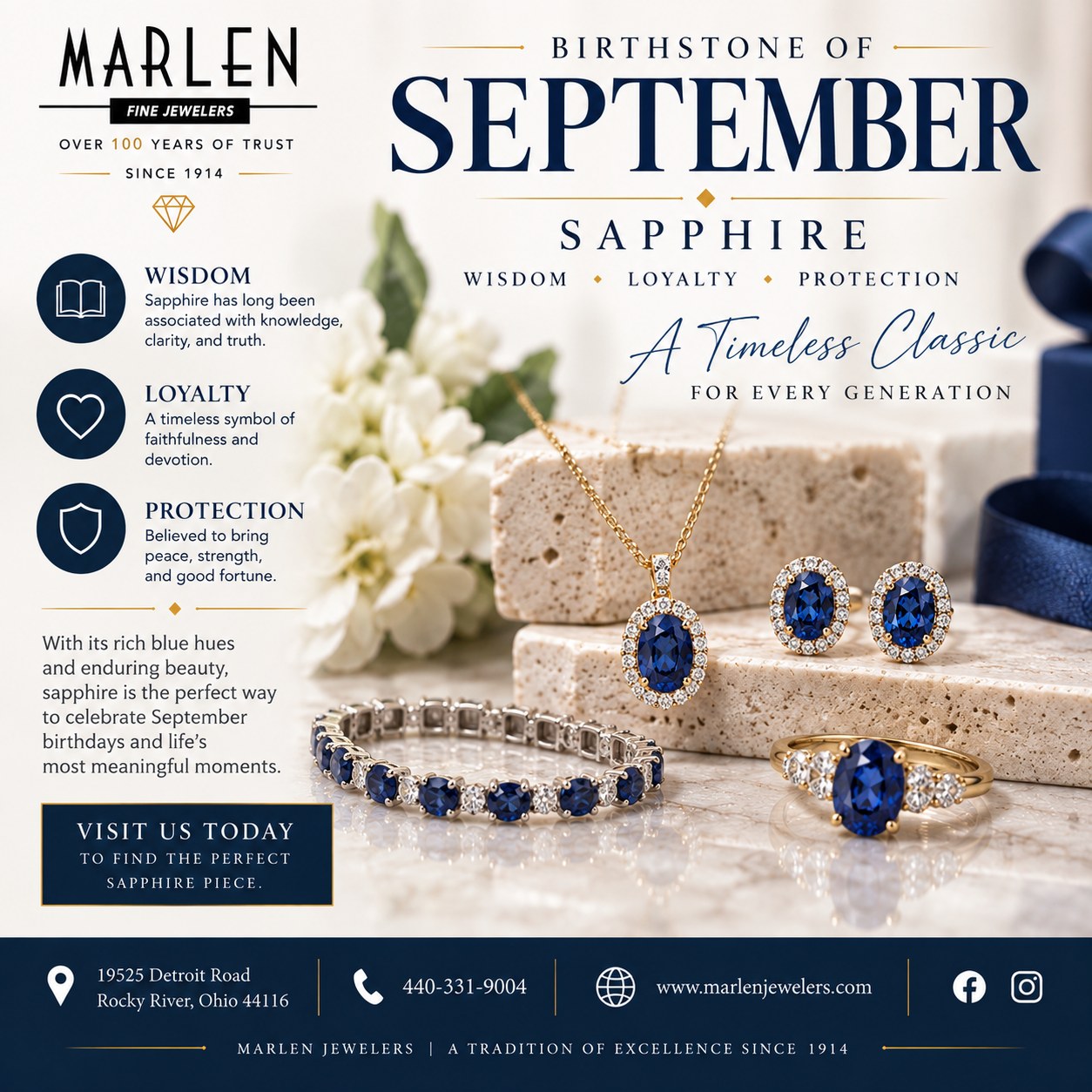 π September is wrapped in sapphire. πβ¨
Rich, timeless, and unmistakably elegant, Sapphire is Septemberβs birthstoneβa gemstone treasured for generations and traditionally associated with wisdom, loyalty, truth, and protection. π
And sapphire certainly isnβt limited to rings. From delicate pendants and earrings to stunning bracelets and statement pieces, there are so many beautiful ways to wear Septemberβs signature blue. β¨πΏ
π Celebrating a September birthday?
π Searching for a meaningful gift?
π Or maybe sapphire blue simply has your heart?
Stop into Marlen Jewelers and let us help you find the perfect sapphire piece. With more than 100 years of experience, we're here to help you choose jewelry that will be loved todayβand treasured for generations. π
π Marlen Jewelers
19525 Detroit Road, Rocky River, Ohio 44116
π 440-331-9004
π www.marlenjewelers.com
#MarlenJewelers #SeptemberBirthstone #Sapphire #SapphireJewelry #BirthstoneJewelry #FineJewelry #JewelryLovers #GemstoneJewelry #SeptemberBirthday #LuxuryJewelry #TimelessJewelry #JewelryInspiration #RockyRiver #RockyRiverOhio #ClevelandJeweler #ClevelandOhio #ShopLocalCleveland #ShopLocalOhio #SupportLocalBusiness #FamilyOwnedBusiness
