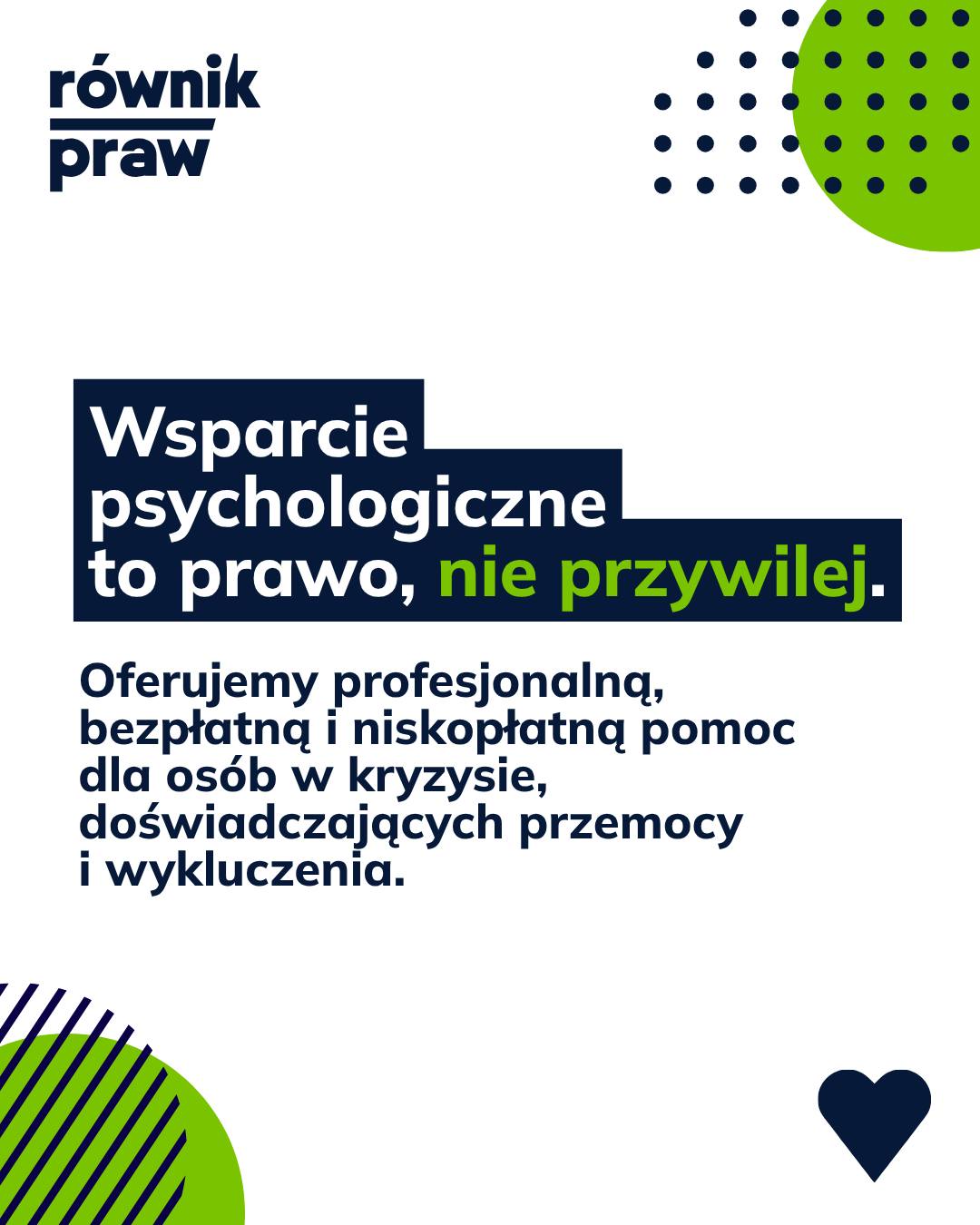 Przechodzisz przez trudny czas? Czasami potrzebna jest bezpieczna przestrzeń i rozmowa z kimś, kto pomoże uporządkować myśli, emocje i przeżycia.
W Fundacji Równik Praw uważamy, że wsparcie psychologiczne to podstawowe prawo, a nie przywilej. Dlatego nasz Dział Pomocy Psychologicznej oferuje profesjonalną, bezpłatną oraz niskopłatną i poufną pomoc.
Jesteśmy tu dla Ciebie, zwłaszcza jeśli:
- mierzysz się z kryzysem psychicznym, tożsamościowym lub rodzinnym,
- doświadczasz przemocy lub dyskryminacji,
- jesteś kobietą w trudnej sytuacji życiowej,
- należysz do społeczności LGBT+,
- żyjesz w wykluczeniu ekonomicznym lub społecznym.
Jak możemy Ci pomóc?
- Indywidualne konsultacje psychologiczne i interwencje kryzysowe,
- Tematyczne grupy wsparcia i warsztaty psychoedukacyjne,
- Szkolenia i konferencje.
U nas nie musisz obawiać się oceny. Stawiamy na pełną równość, inkluzywność i bezpieczeństwo. Pomocą zajmują się wyłącznie wykwalifikowane osoby, które pracują pod stałą superwizją.
Nie musisz mierzyć się z tym w pojedynkę.
👉 Wypełnij krótki formularz i umów się na darmową konsultację – skomentuj POMOC lub kliknij link w BIO