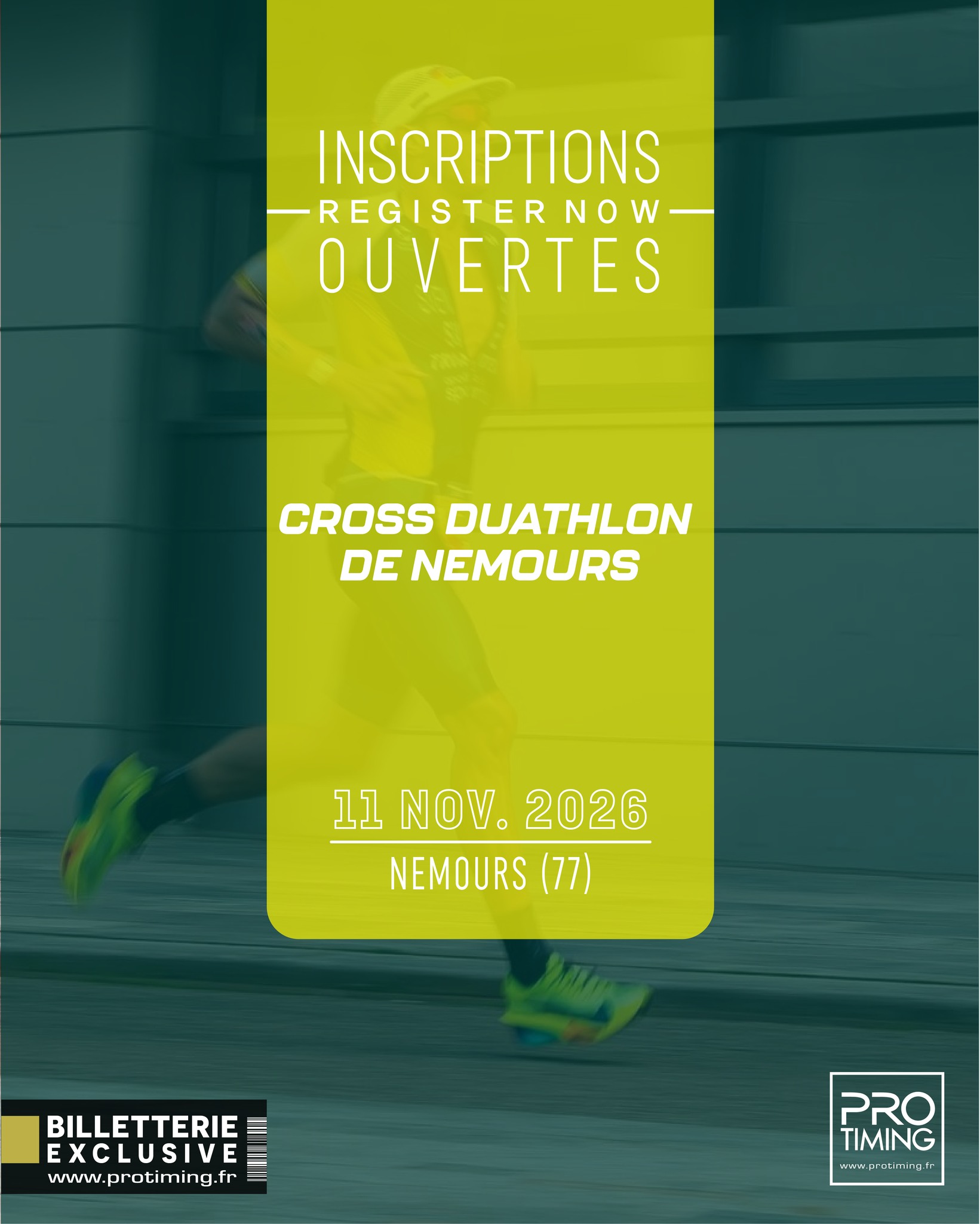 🚀 Les inscriptions sont ouvertes pour le Cross Duathlon de Nemours !
📅 Mercredi 11 novembre 2026
📍 Nemours (77)
Prêt(e) à relever un défi complet