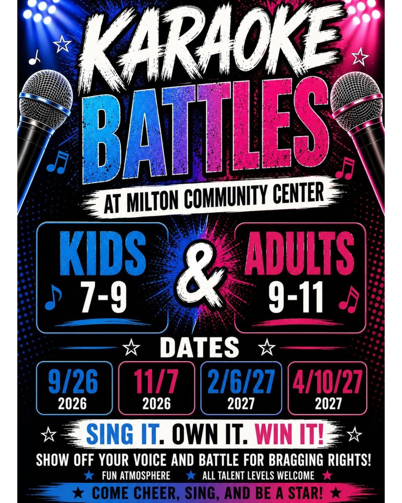 π€β¨ KARAOKE BATTLES ARE THIS SATURDAY! β¨π€
Ready to SING IT. OWN IT. WIN IT? ππΆ
Join us at the Milton Community Center this Saturday, September 26, for a night of karaoke, friendly competition, and plenty of fun!
π§ Kids: 7β9 PM
π€ Adults: 9β11 PM
All talent levels are welcomeβgrab the mic, cheer on your friends, and show us what youβve got! π
#MiltonPA #KaraokeBattle #KaraokeNight #SingItOwnItWinIt #CommunityEvents #MiltonEvents #ThingsToDoInMilton