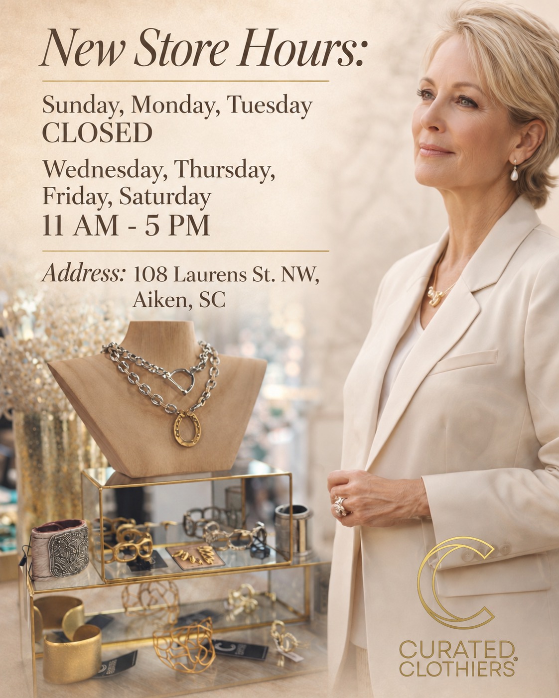 New hours, same curated style. ✨
Plan your next visit to Curated Clothiers and discover jewelry and accessories selected to bring timeless style to every chapter.
🕚 Wednesday–Saturday: 11 AM–5 PM
🚪 Sunday–Tuesday: Closed
📍 108 Laurens St. NW, Aiken, SC
We look forward to seeing you in store. 🤍
#aikensc #womensfashion #designerfashion