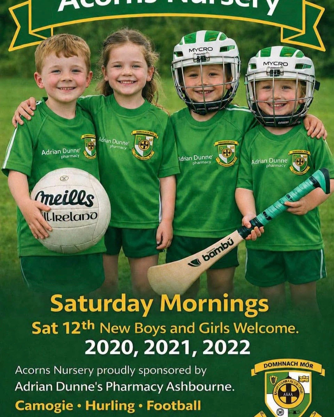Our new Acorn Season begins this Saturday morning (12th Sept) in the club. Registration this evening Wednesdau in the club from 7.00 to 8.00pm.