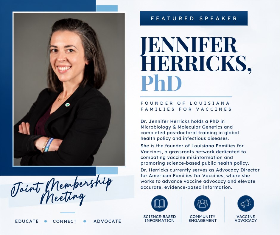 We’re excited to introduce Dr. Jennifer Herricks, PhD, as one of our featured speakers for the 2026 Joint Membership Meeting! 👩⚕️
Dr. Herricks holds a PhD in Microbiology & Molecular Genetics and completed postdoctoral training in global health policy and infectious diseases. She is the founder of Louisiana Families for Vaccines, a grassroots network dedicated to combating vaccine misinformation and promoting science-based public health policy.
She currently serves as Advocacy Director for American Families for Vaccines, where she works to advance vaccine advocacy and elevate accurate, evidence-based information.
We’re looking forward to hearing from Dr. Herricks and all of our incredible speakers on October 28 at Southern Yacht Club! We hope to see you there! 💙
#MASELA #JPMS #OPMS #JointMembershipMeeting #OrganizedMedicine #LouisianaPhysicians