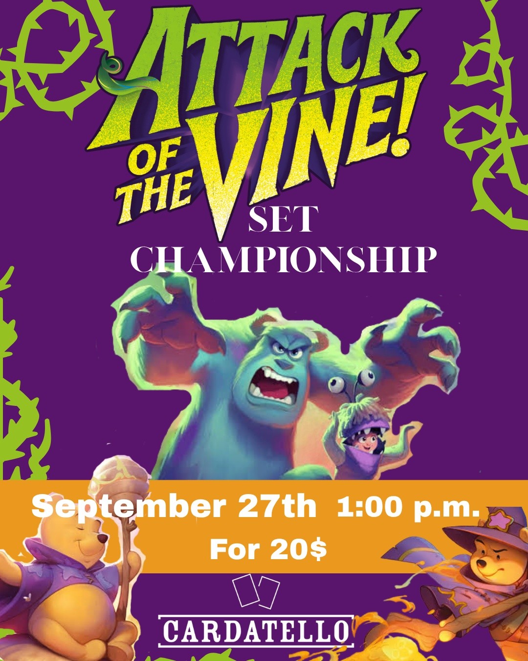 Come join us for our set championship for Attack of the Vine! We only have two spots left for our tournament! Come join us on September 27th at 1! #tcg #lorcanna #setchampionship #cardatello #smallbusiness ##thingstodoinpocatello #tournament #attackofthevine