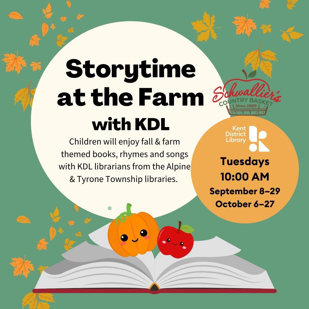 Mark your calendars: Story Time at the Farm is back!! We hope to see you on Tuesdays throughout the season! Story Time is farm- and fall-themed stories, songs and fun led by the fabulous librarians from the KDL Tyrone Township and Alpine branches. Geared for preschool crowd, but all ages welcome! Then stay and play and enjoy the fresh air and delicious treats from our market. Fun for all!