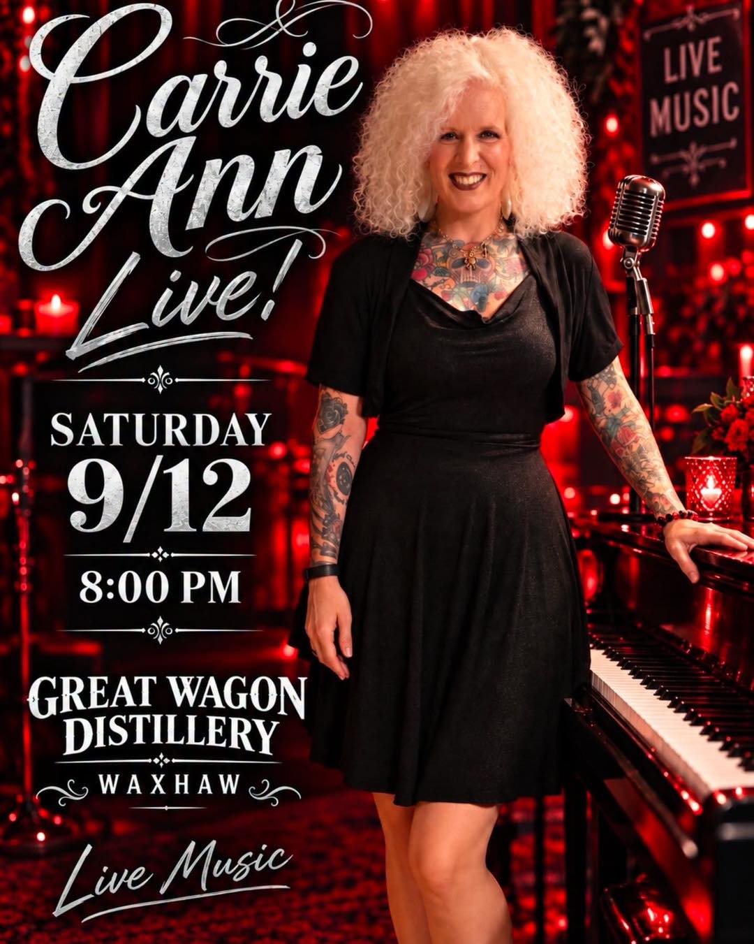 Tomorrow night, Carrie Ann takes over Great Wagon Road Distillery in Waxhaw for a night of live music, great drinks, and the kind of Saturday night that’s better spent out than on the couch.
Carrie Ann brings the vocals, the personality, and a set made for settling in with a whiskey and staying awhile.
Saturday, September 12
Live music starts at 8:00 PM
Great Wagon Road Distillery – Waxhaw
Grab your crew, get here early, and make a night of it.
Where the cool kids hang out.