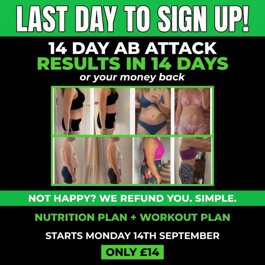 🚨 LAST CHANCE 🚨 1 DAY LEFT
✅ Starts Monday 14th Sept
✅ 14 days
✅ Just £14
✅ Group is live now — book today and I’ll add you straight in
Don’t think… BOOK NOW 👊�https://mailchi.mp/54851db09830/14dayabattackchallenge