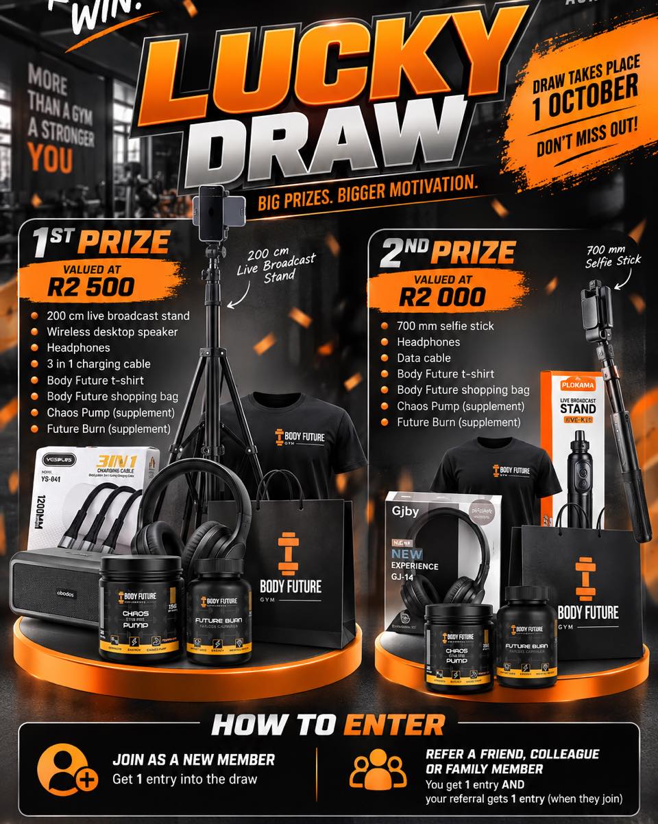 ๐ JOIN. REFER. WIN! ๐
Stand a chance to win one of TWO incredible hampers in the Body Future Gym Lucky Draw, with prizes worth a combined R4 500! ๐ช๐ฅ
๐ฅ First Prize โ valued at R2 500
๐ฅ Second Prize โ valued at R2 000
HOW TO ENTER:
โ
Join Body Future Gym as a new member and receive one entry into the draw.
โ
Refer a friend, colleague or family member who signs up โ you receive one entry AND the person you referred receives one entry too!
๐
Draw takes place on 1 October.
The more people you refer who join, the more chances you have to win!
Start your fitness journey, help someone else begin theirs, and you could both walk away as winners! ๐
Visit Body Future Gym at Eerste River Mall to sign up (entrance to the gym is in Pella Street).
DARE TO BE GREAT.
#BodyFutureGym #LuckyDraw #JoinReferWin #GymGiveaway #EersteRiver #FitnessJourney #DareToBeGreat