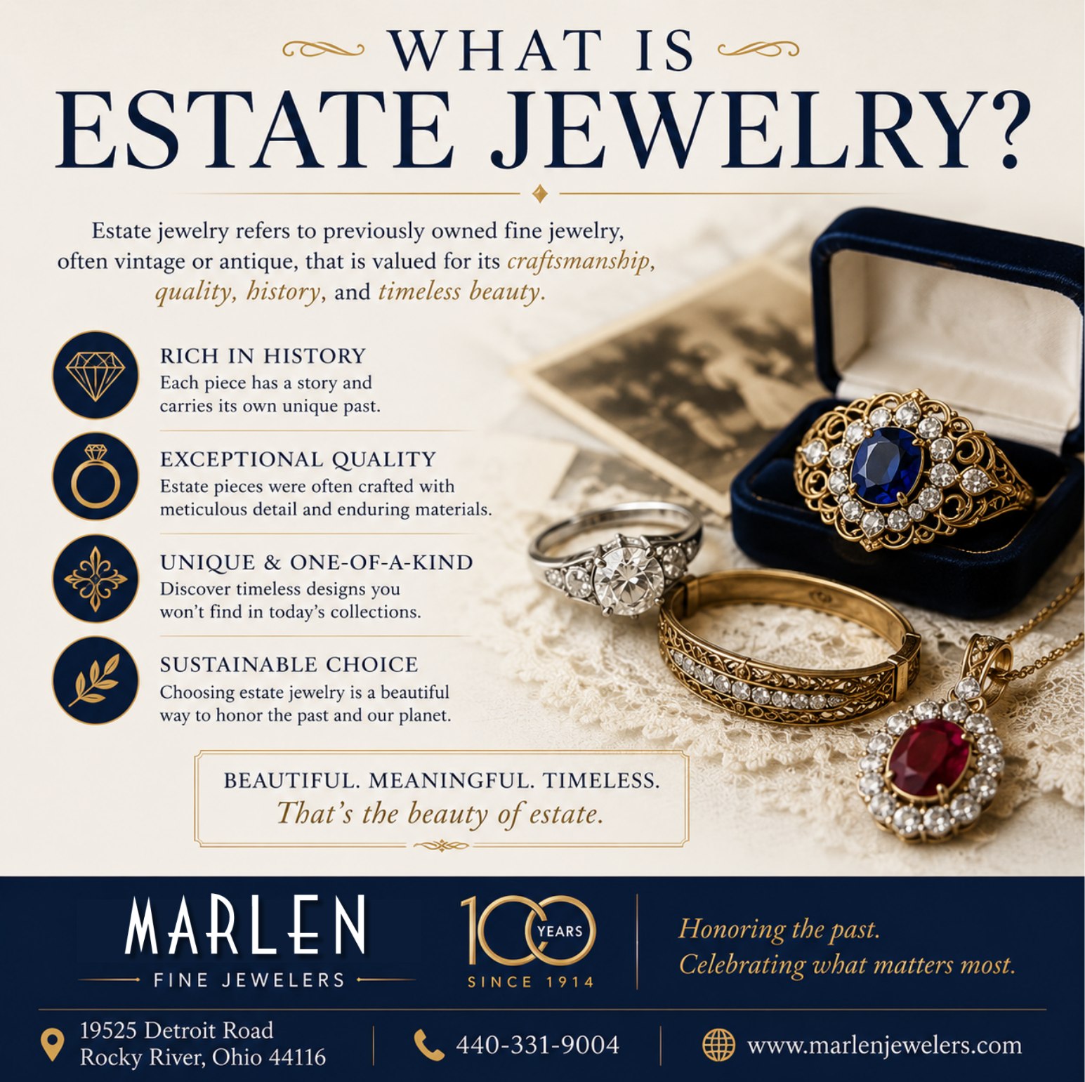 π WHAT IS ESTATE JEWELRY? π
One of the most common misconceptions in the jewelry world is that estate jewelry means antique jewelry.
In reality, estate jewelry simply refers to previously owned jewelry, regardless of its age. While some estate pieces may be antique or vintage, others may be only a few years old.
What makes estate jewelry so special?
β¨ Unique, one-of-a-kind designs
β¨ Exceptional craftsmanship from past eras
β¨ Rich history and character
β¨ Timeless beauty that never goes out of style
β¨ A sustainable way to shop for fine jewelry
Many estate pieces feature intricate details and design elements that are rarely seen in today's mass-produced jewelry, making them perfect for collectors, gift-givers, and anyone looking for something truly distinctive.
At Marlen Jewelers, our estate collection offers a glimpse into the artistry, elegance, and craftsmanship of generations past.
Because every piece has a story.
π 19525 Detroit Road
Rocky River, Ohio 44116
π 440-331-9004
π www.marlenjewelers.com
For over 100 years, Marlen Jewelers has been helping families discover treasures, celebrate milestones, and create lasting memories.
#MarlenJewelers #EstateJewelry #VintageJewelry #AntiqueJewelry #JewelryEducation #FineJewelry #LuxuryJewelry #RockyRiverOhio #ClevelandJeweler #JewelryCollection #TimelessStyle #Since1914