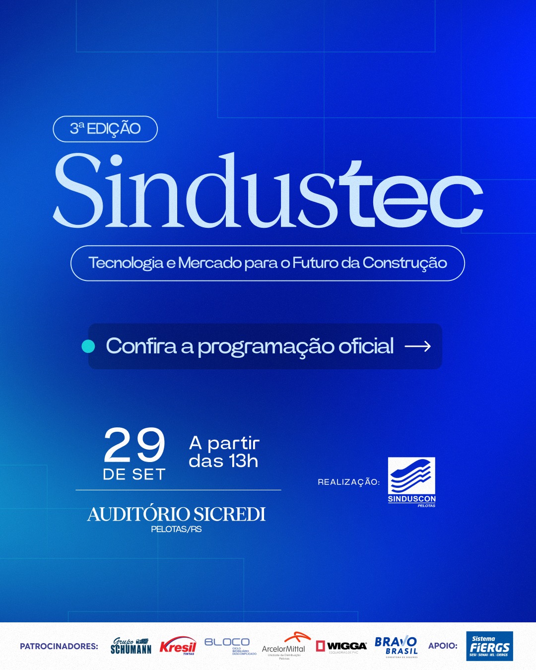 A 3ª edição do Sindustec está chegando!
Um encontro para quem quer acompanhar de perto as transformações, tecnologias e tendências que estão moldando o futuro da construção.
No dia 29 de setembro, a partir das 13h, o Auditório Sicredi, em Pelotas/RS, será palco de uma programação completa, com palestras, painéis, networking e discussões sobre os principais desafios e oportunidades do mercado.
Tecnologia, inteligência artificial, sistemas construtivos, mercado imobiliário, questões jurídicas e muito mais estarão em pauta.
📅 29 de setembro
⏰ A partir das 13h
📍 Auditório Sicredi — Pelotas/RS
Confira a programação oficial e prepare-se para fazer parte desse encontro!
#Sindustec #SindusconPelotas #ConstruçãoCivil #Tecnologia