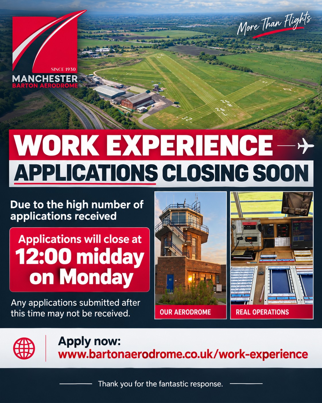 ✈️ WORK EXPERIENCE APPLICATIONS CLOSING SOON
Due to the high number of applications already received, we will be closing applications for Work Experience at Manchester Barton Aerodrome at:
🕛 12:00 midday on Monday
If you are still planning to apply, please make sure your application is submitted before the deadline.
⚠️ Any applications submitted after 12:00 on Monday may not be received or considered.
Thank you to everyone who has already applied — we’ve had a fantastic response.
🔗 Apply here:
https://www.bartonaerodrome.co.uk/work-experience
#ManchesterBarton #BartonAerodrome #WorkExperience #AviationCareers #Aviation
