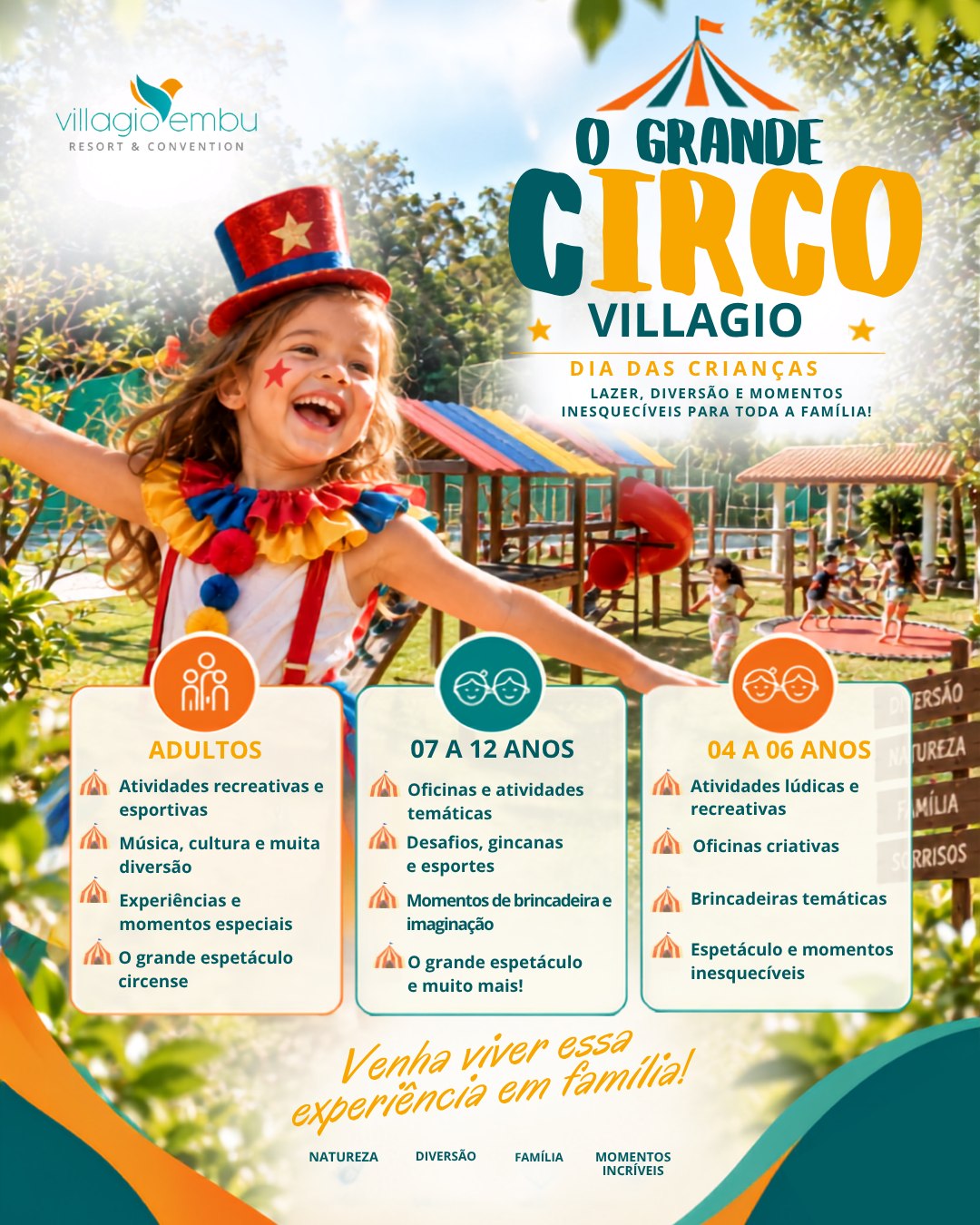 🎪 O Grande Circo Villagio está chegando!
Prepare-se para um Dia das Crianças cheio diversão e momentos inesquecíveis em família no Villagio Embu Resort & Convention!
Durante o feriado, crianças de diferentes idades poderão viver uma verdadeira experiência circense, com oficinas, desafios, brincadeiras, atividades esportivas, gincanas, experiências temáticas e grandes espetáculos.
A programação foi preparada especialmente para diferentes faixas etárias:
🎠 04 a 06 anos
🎪 07 a 12 anos
✨ Atividades também para adultos
Tudo isso em meio à natureza e à estrutura do Villagio Embu.
Venha viver essa experiência em família!
📍 Villagio Embu Resort & Convention
🎪 O Grande Circo Villagio — Dia das Crianças 2026
#VillagioEmbu #OGrandeCircoVillagio #DiaDasCrianças #DiaDasCrianças2026 #ResortEmbu #EmbuDasArtes #DiversãoEmFamília #FériasEmFamília #ResortSP #NaturezaQueAproxima