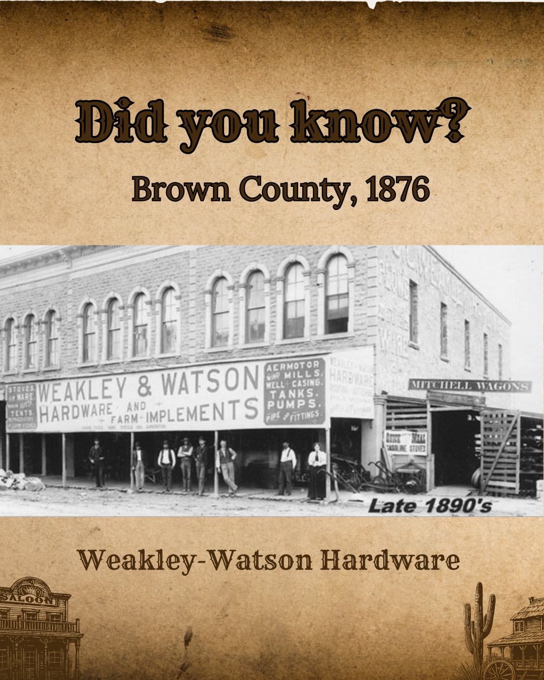 BROWN COUNTY, 1876: Officially founded in 1876, the store expanded heavily in the 1880s to sell modern wood-burning stoves, tinware, and farming plow blades.
This is one of the oldest continuously operating hardware businesses in the entire state of Texas!