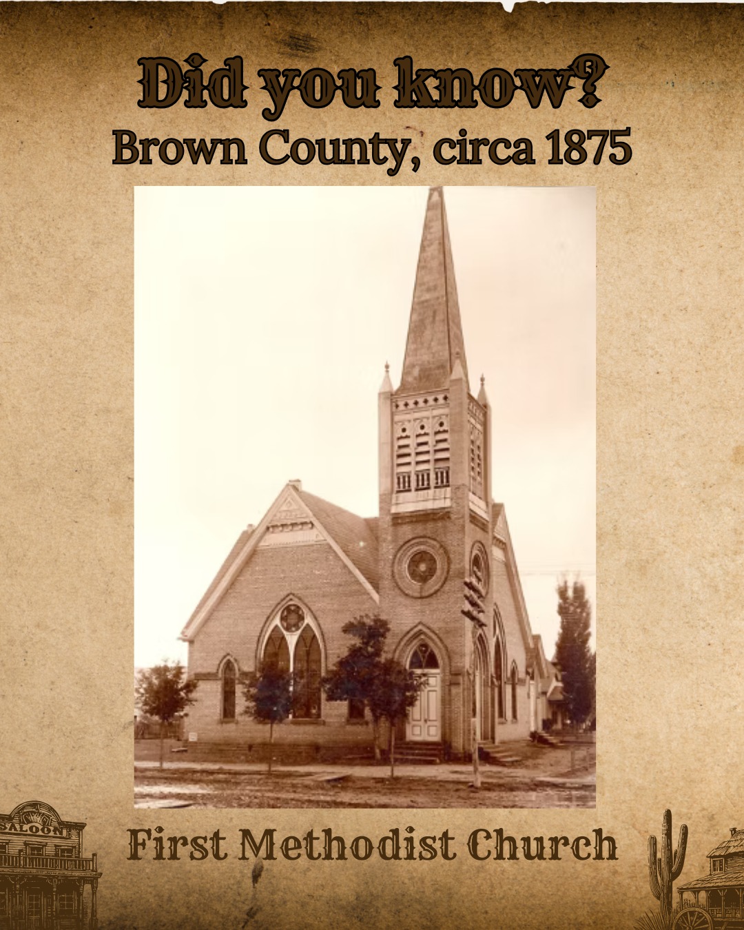 BROWN COUNTY, circa 1875: First Methodist Christ in Brownwood was one of the four churches founded in Brownwood over 150 years ago. “First Methodist Church's history begins in 1863 with the first church in Brown County, established by two Methodist ministers: George Vest and William Mayberry. In 1922, the church decided to expand, planting a second church now known as Central United Methodist Church. Later, with further development in Brownwood, the church decided to relocate to the current building across the street from Brownwood High School, a location that has proved to be valuable to the efforts of the youth ministry.”
This image is of the original church building, located on the corner of Fisk and Austin.
Historical information from the FMC website.
#browncountymuseumofhistory
