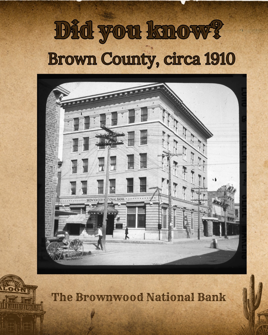 BROWN COUNTY, 1918:
Originally founded in 1892 by local leaders, the Brownwood National Bank was the first chartered bank in the county. After relocating from its original location in 1910, Brownwood National could be found here, in Brownwood's first high-rise building.
With five floors, it held the distinction of being the first building in the city with an elevator and indoor toilets. In 1921, the building became the First National Bank of Brownwood, further cementing its role in the community’s early commercial growth.
#browncountymuseumofhistory