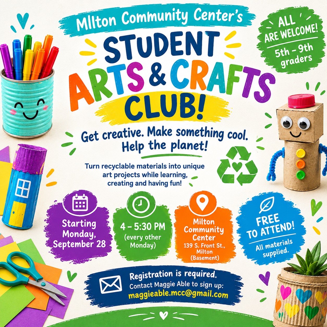 π¨β»οΈ Get creative at the Milton Community Center!
Calling all 5thβ9th graders! Join our FREE Student Arts & Crafts Club and turn recyclable materials into something awesome! βοΈβ¨
π
Starts Sept. 28 | Every other Monday
β° 4β5:30 PM
π Milton Community Center
All materials provided! Registration required.
π© Contact Maggie Able at maggieable.mcc@gmail.com to sign up!
#MiltonPA #MiltonCommunityCenter #ArtsAndCrafts #YouthActivities #GetCreative #AfterSchoolActivities
