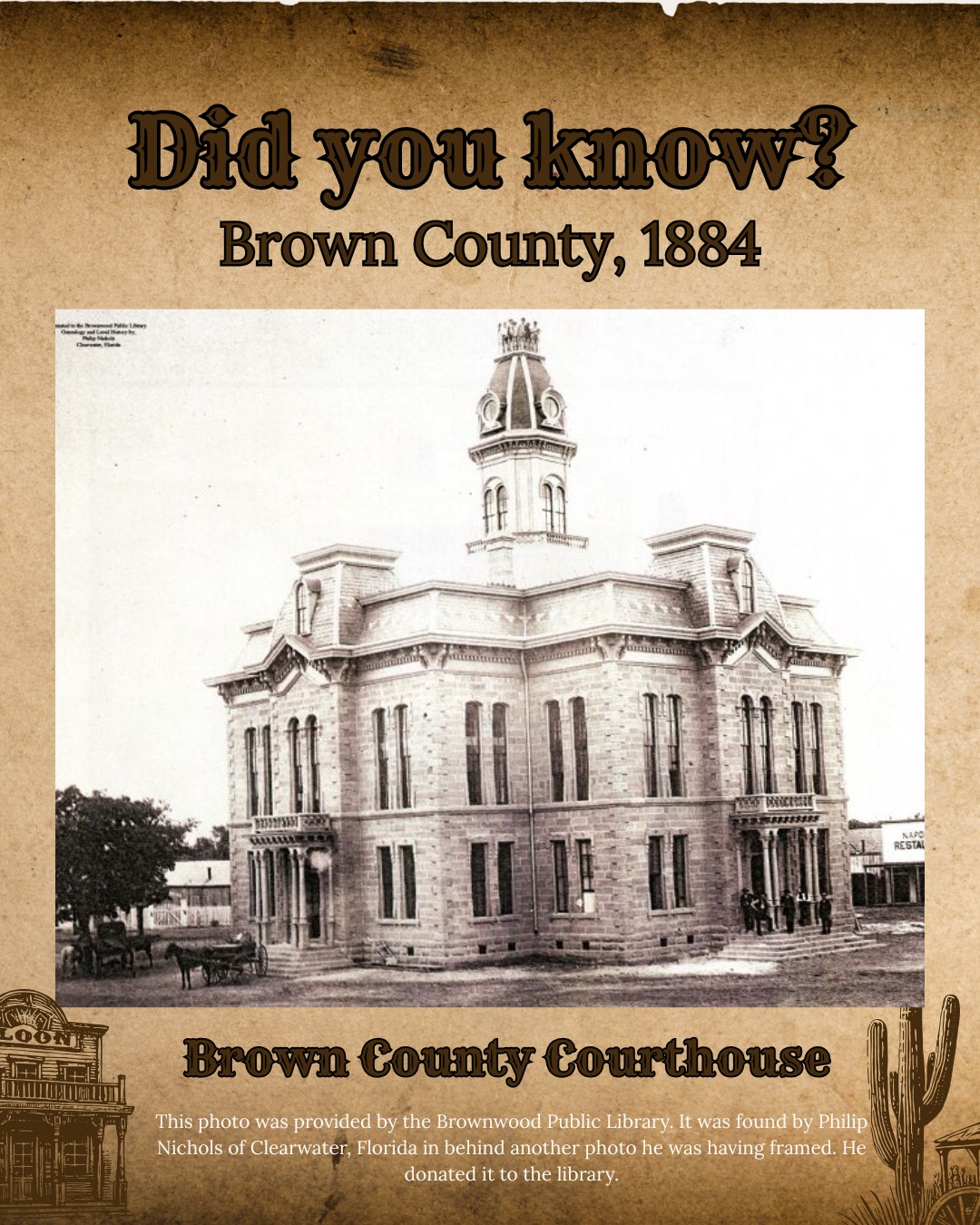 BROWN COUNTY, 1884:
This courthouse was built in 1884 to replace a wooden building that burned on March 29, 1880. Its cornerstone was laid on October 30, 1884. The overall design was of French Second Empire Style, similar to the courthouses that are now in Weatherford, Lampasas, and Hillsboro.
While it looks quite different than the modern Brown County courthouse, parts of this building do remain on site to this day.
#browncountymuseumofhistory
