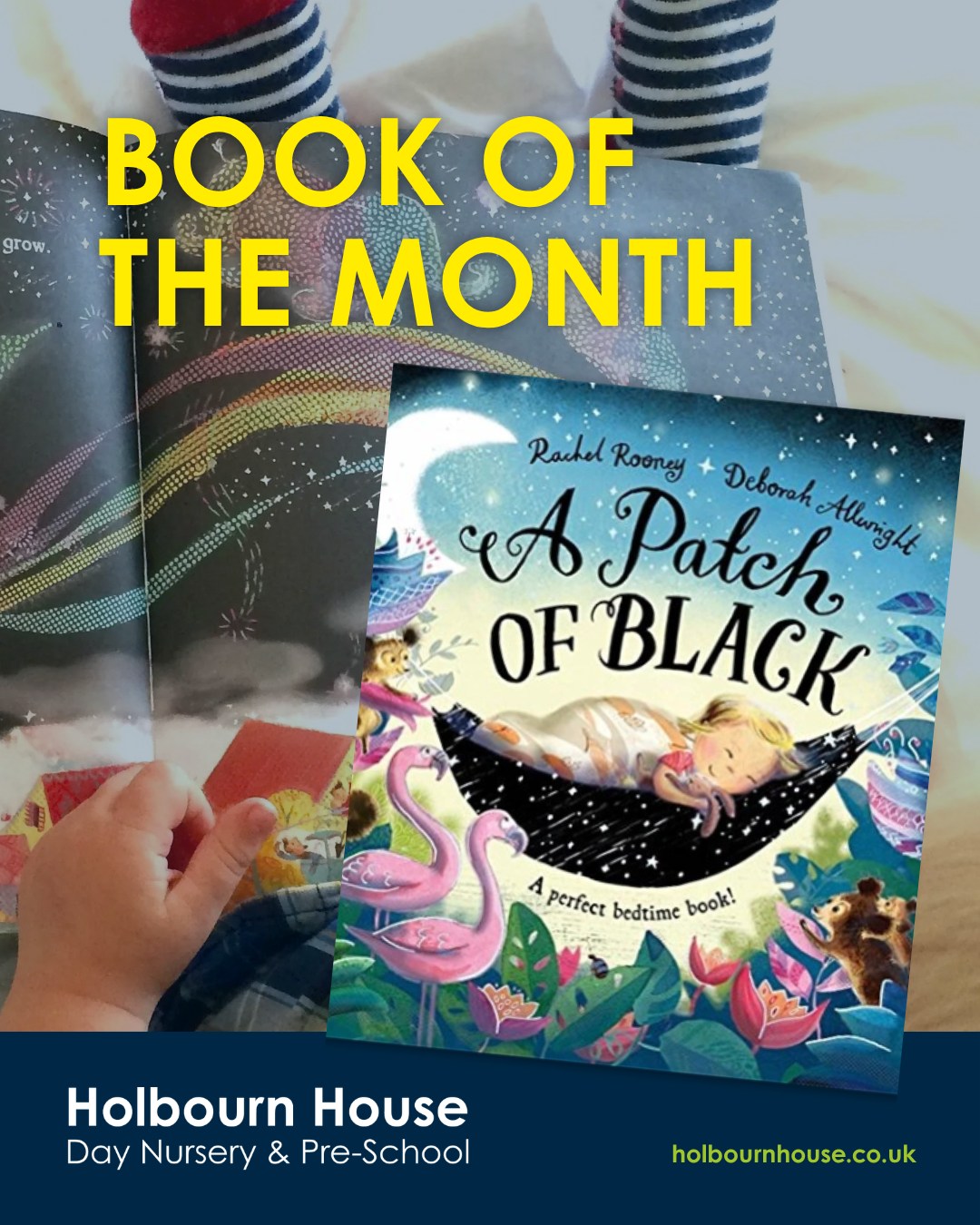 📚 Book of the Month: A Patch of Black📚
This gentle, lyrical read from Rachel Rooney and Deborah Allwright encourages little ones to explore their imagination around darkness and bedtime and asks what can you do with a patch of black, a moon and a silver star?
The book shows children that there's nothing a patch of night-time sky can't become with a bit of imagination, and that there's no reason to be afraid of the dark.
#BookOfTheMonth #APatchOfBlack #EarlyYears #ReadingMagic #ChildrensBooks