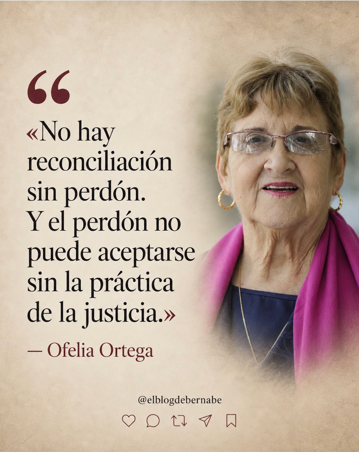 Ofelia Ortega es teóloga cubana, pastora presbiteriana y una de las voces más importantes del protestantismo ecuménico latinoamericano. Fue la primera mujer ordenada en la Iglesia Presbiteriana-Reformada en Cuba y su trabajo ha estado marcado por la teología feminista, la reconciliación, la justicia y la vida de las comunidades.
La frase de esta publicación está tomada de su reflexión “La reconciliación”, donde Ofelia Ortega recuerda que la reconciliación no puede reducirse a un gesto sentimental ni a una paz aparente. En el texto, insiste en que la misión de Dios incluye reconciliar, pero también restaurar vínculos dañados, reconocer la verdad y devolver dignidad a quienes han sido heridos.
Ahí está la fuerza de esta frase. Muchas veces se habla del perdón como si bastara con pasar la página. Ortega no va por ese camino. Para ella, no hay reconciliación real si se ignora la justicia, si se silencia la verdad o si se deja intacto aquello que produjo el daño.
Su reflexión también toca la vida cotidiana: la familia, las iglesias, la sociedad, las relaciones entre pueblos. Reconciliar no es fingir que nada ocurrió. Es abrir un camino donde el perdón no encubra la herida, sino que haga posible una vida distinta.
¿Puede haber reconciliación verdadera cuando la verdad y la justicia quedan fuera?
.
.
.
#ofeliaortega #reconciliación #teologíalatinoamericana