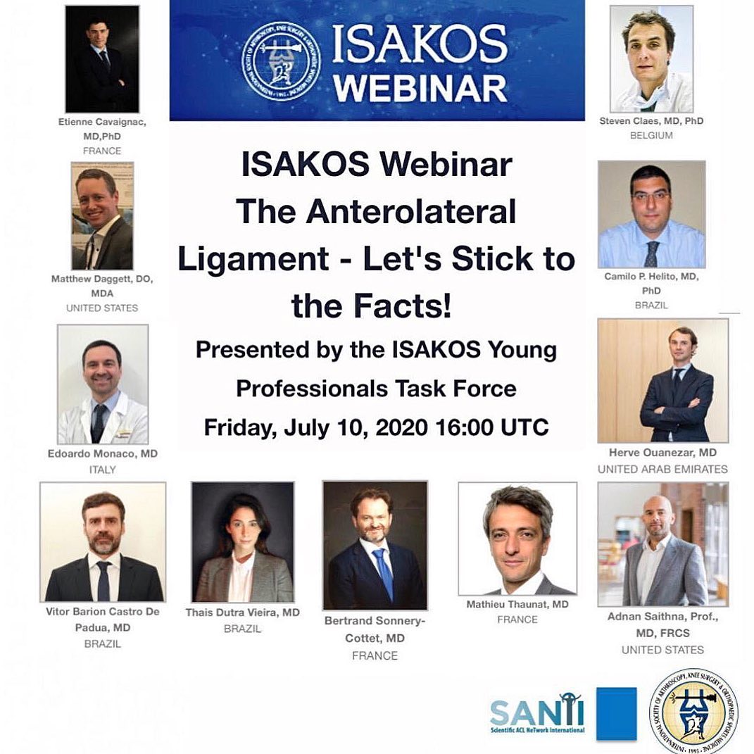 The Anterolateral Ligament - Let's Stick to the Facts!
New International Society of Arthroscopy Knee Surgery & Orthopaedic Sports medicine (ISAKOS) Webinar presentation from the Scientific ACL NeTwork International study group (SANTI), ISAKOS young professionals task force !
(link below)
https://lnkd.in/dkhGxBx
