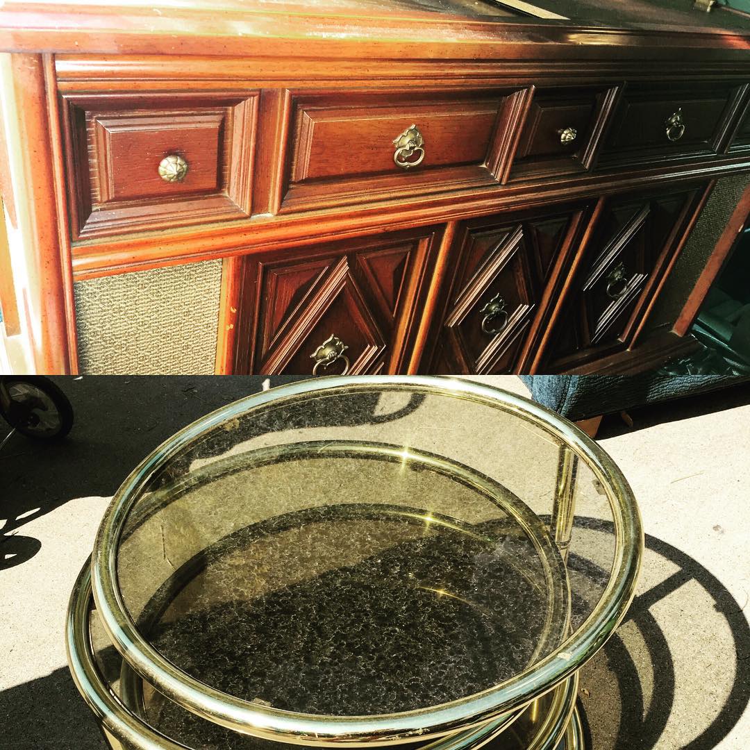 Drove out to Lago Vista to pick up the record cabinet for a fun new project, and grabbed this cute little brass table for a steal! #vintage #recordplayer #vinyl #magnavoxmicromatic #brass #smokedglass #austininteriordesign