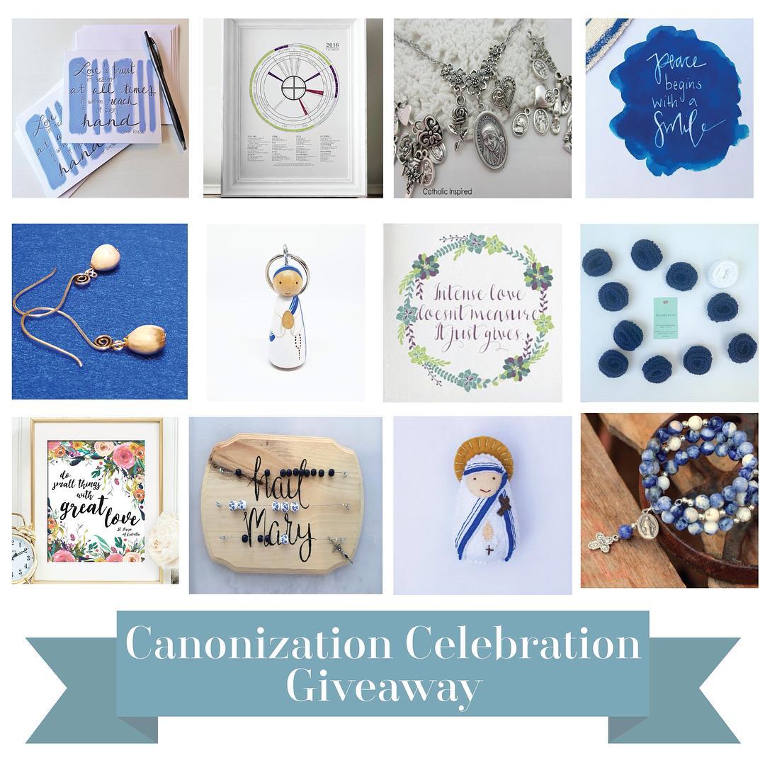 To celebrate our new saint, St. Teresa of Calcutta, I've teamed up with 11 other shops for a Mother Teresa inspired giveaway. Each hand crafted item is inspired by her beautiful legacy. Up for grabs we have a set of hand-lettered note cards, a liturgical calendar, three uniquely designed prints, a necklace, earrings, a peg doll, a felt doll, a rosary bracelet, rosary roses, and a rosary abacus!
Here are the easy steps on how to enter. 1) Like this photo (just double tap!) This is your entry. 2) Follow us @catholicinspired all small artisan shops in the loop (we will triple check!) 3) Tap this photo to see where you head next 4) Optional: tag 2 friends for extra entries. Once you have completed the loop and arrive back here, you have entered to win our grand prize! This giveaway runs 48 hours from Friday, September 2nd at 2 PM, EST to Sunday, September 4th at 2 PM, EST. The winner will be announced and tagged in this post within 48 hours after the giveaway has ended. This loop is in no way sponsored or endorsed by Instagram, INC. By entering, you are confirming you are at least 13+ years of age, and you are adhering by Instagram's terms of use