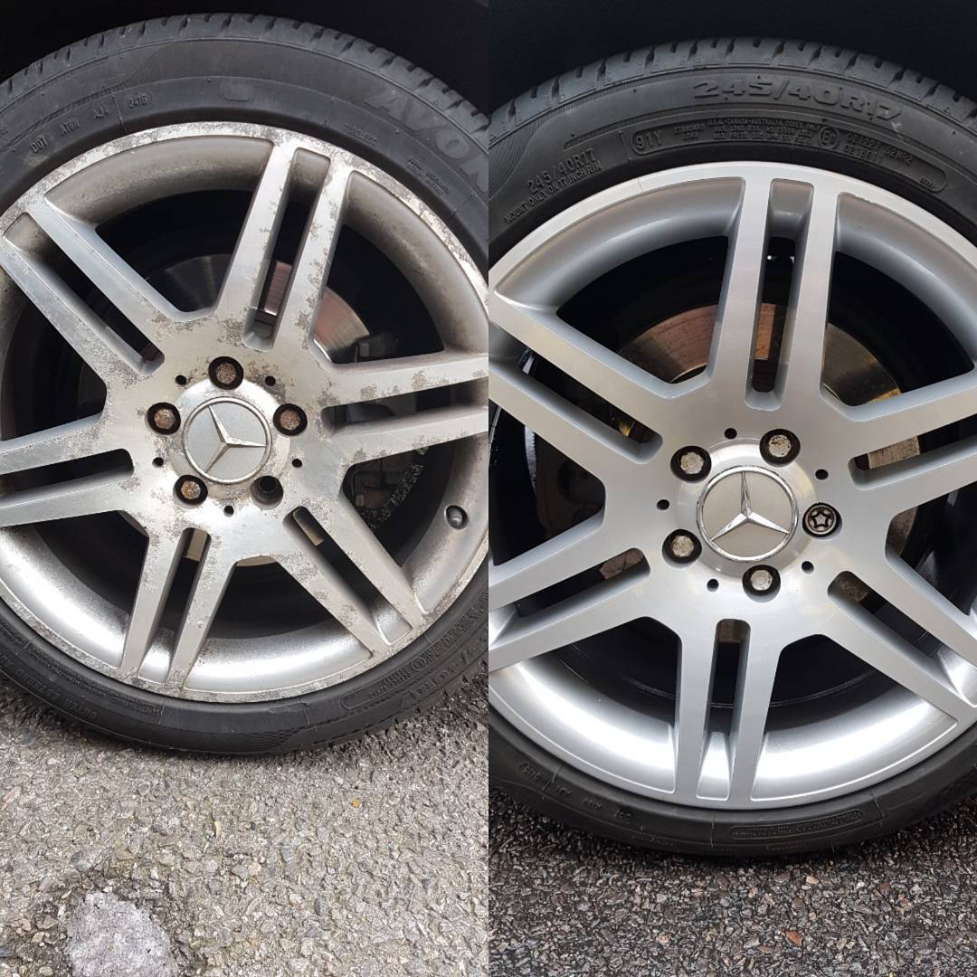 Before and after on a full diamond cut wheel refurbishment process. #alloywheelrefurbishment #wheelrepair #alloywheels #diamondcut #mercedes #amg