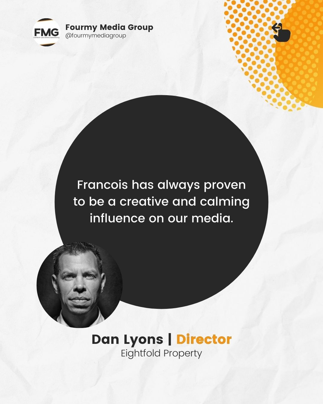 It's always great to receive positive feedback from our partners. Here is one by @eightfoldproperty's company director Dan Lyons; swipe along to read it! 👉🏼
•
Eightfold Property is a forward-thinking real estate agency and has always been an absolute pleasure to shoot videos with. Whether on or off set, these guys know how to keep make the day more fun!
•
Here is what Dan had to say about his experience working with FMG:
"We have used Fourmy Media Group in various forms and with various partners for the past three years.
Francois has always proven to be a creative and calming influence on our media. We entered as novices and have slowly become more adept at making the media we required. Being nervous around cameras was a big issue for my company, but with Francois' guidance, we have slowly been able to produce the kind of videos we wanted to portray our company.
Would highly recommend Fourmy Media Group."