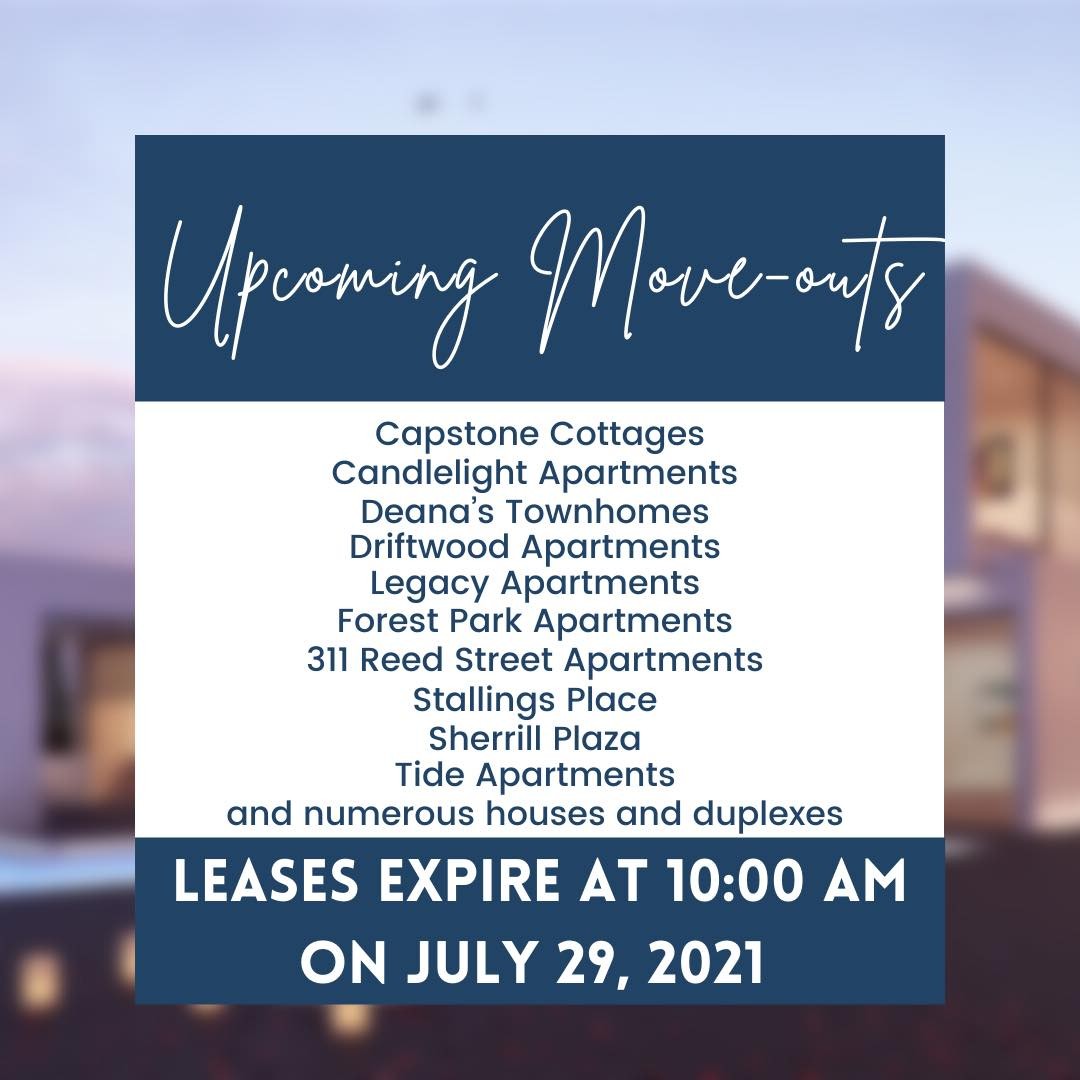 Our next round of move outs is this Thursday! If you are scheduled to move out on July 29th, all belongings should be removed from the property and keys returned to Sherrill Realty by 10:00 am! Call us with any questions! #sherrillrealty