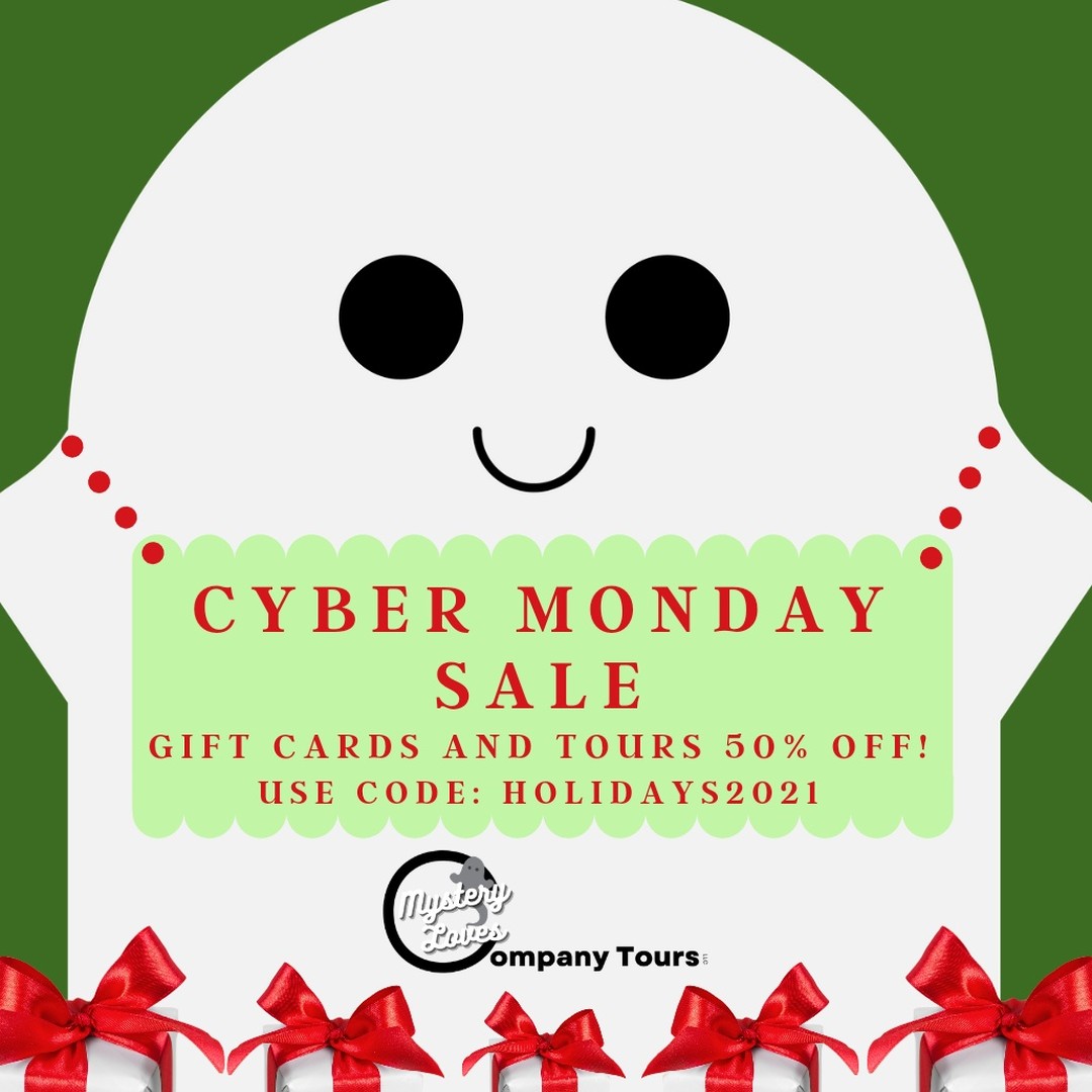 We're making Cyber Monday spooky with half off tours and gift cards!
If you are wondering what to get that person in your life that loves history, true crime and the unexplainable...we've got you covered with our 50% off gift card options!
#MysteryLovesCompanyTours #CyberMonday #discountcode #SanLuisObispo #SLO #ShareSLO #SLOCounty #SLOChamber #SanLuisObispoGuide #slocal #Tour #CentralCoast #Tourism #TrueCrime #GhostTours