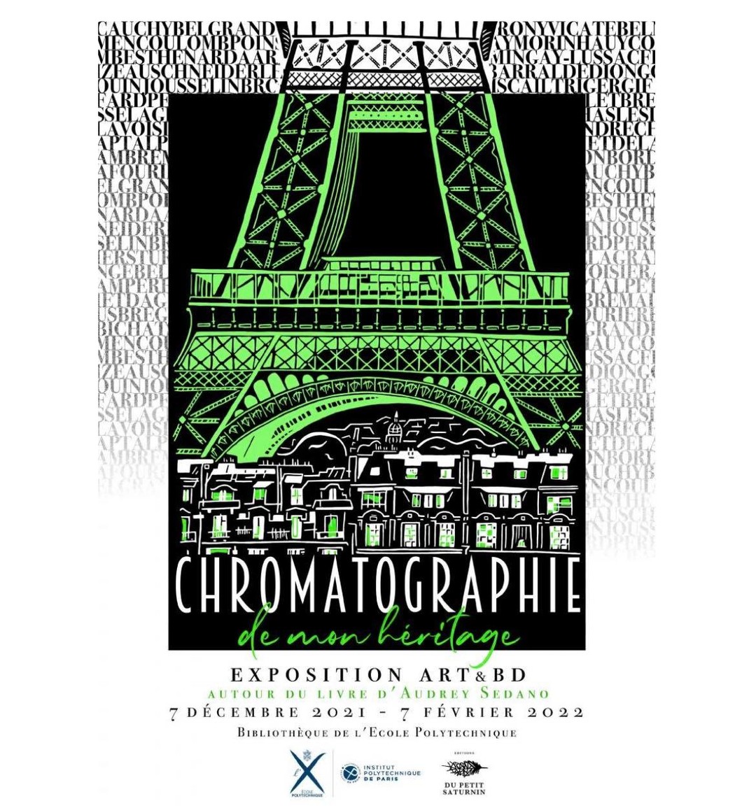 Du 7 décembre 2021 au 7 février 2022, l’exposition autour de notre livre « Chromatographie de mon héritage » est visible à la bibliothèque de l’Ecole Polytechnique.
Le scénario commençant et se terminant à Polytechnique dans la BD, il était normal de faire la première exposition et une des premières séances de dédicace dans ce lieu mythique !
Audrey Sedano - Illustratrice et auteure
Atelier Onami
École polytechnique
#chromatographiedemonhéritage #bandedessinée #bandedessinéesonorisée