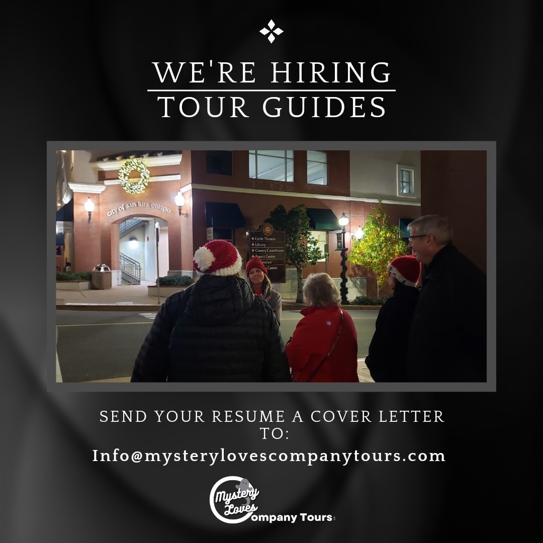 Want to join the coolest team in town? We're actively hiring new tour guides. Pay ranges $16-22 + tips, based on experience.
#california #slochamber #slo #slocounty #slocal #SanLuisObispo #haunted #spooky #walkingtour #ghost #history #mystery #ghosttours #truecrime #hiring #jobsearch #jobposting