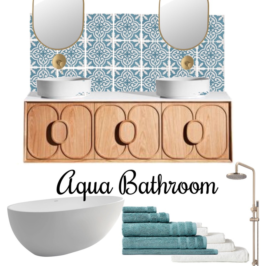 Monday Mood - Aqua Bathroom featuring the Matt White Bahama Stone Bath Tub and Satin Brass Pill Shaped Wall Mirror by Temple & Webster, Aberdeen Aqua and White Encaustic Cement tile by Tile Republic and the Issy Blossom II Vanity by Reece Bathrooms. #ditaylorinteriors #interiordesign #homedecor #interiordesigner #decoration #interiorstyling #homesweethome #inspiration #interiordecorating #sydneyinteriordesigner