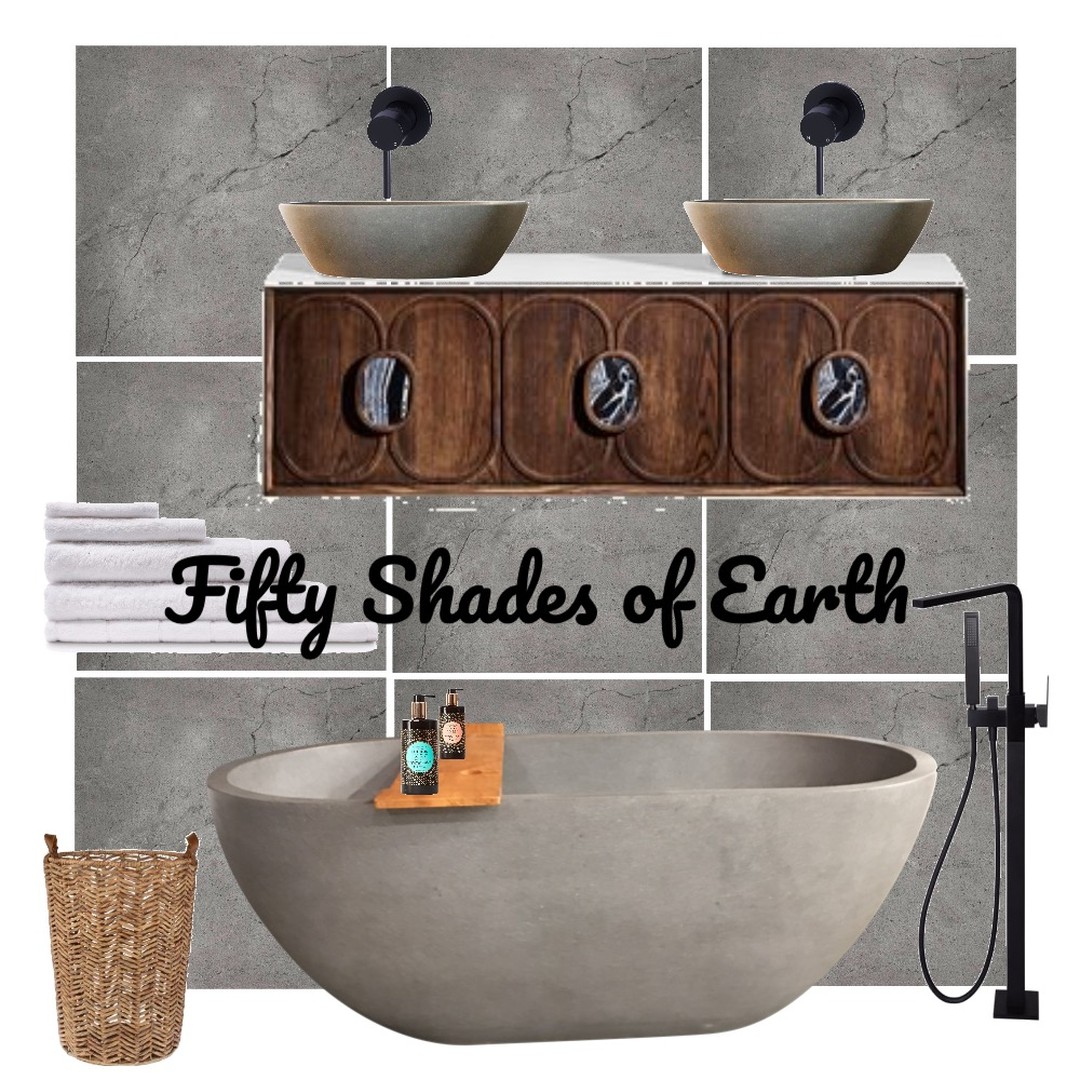 Monday Mood - Fifty Shades of Earth! Featuring the Story Antracite tile by Tile Republic, ISSY Blossom Vanity by Reece Bathrooms, Natural Stone Bath & Basins by Just In Place and Matte Black Tapware by Meir. #ditaylorinteriors #interiordesign #homedecor #interiordesigner #decoration #interiorstyling #homesweethome #inspiration #interiordecorating #sydneyinteriordesigner #bathroomdesigner