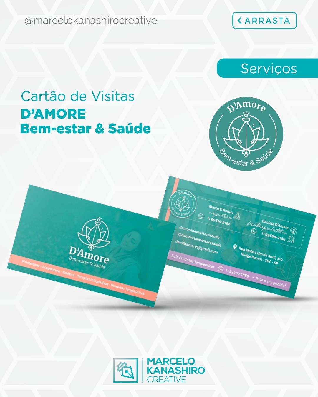 Independente do segmento que você trabalha, ter um cartão clean, bonito e elegante é um diferencial - principalmente quando nos deparamos com tantas criações sem personalidade alguma.☺⠀
.⠀
Aqui apresento o cartão de visitas da D'Amore - Bem-estar & Saúde 😉⠀
Bem bacana né? Aproveita e segue o insta @damorebemestaresaude
⠀
⠀
👤 D'Amore - Bem-estar & Saúde
🗓 2022⠀
📝 Cartão de Visitas⠀
.⠀
.⠀
.⠀
🔸 Contato? Clique no link da BIO⠀
🔸 E-mail: kaorukanashiro@gmail.com⠀⠀
🔸 Site: www.marcelokanashirocreative.com⠀⠀
.⠀⠀⠀
#logo #logotype #logomark #logodesigner #logoinspire #identidadevisual #ppt #powerpoint #marketingdigital #marcelokanashirocreative #damore #damorebemestaresaude