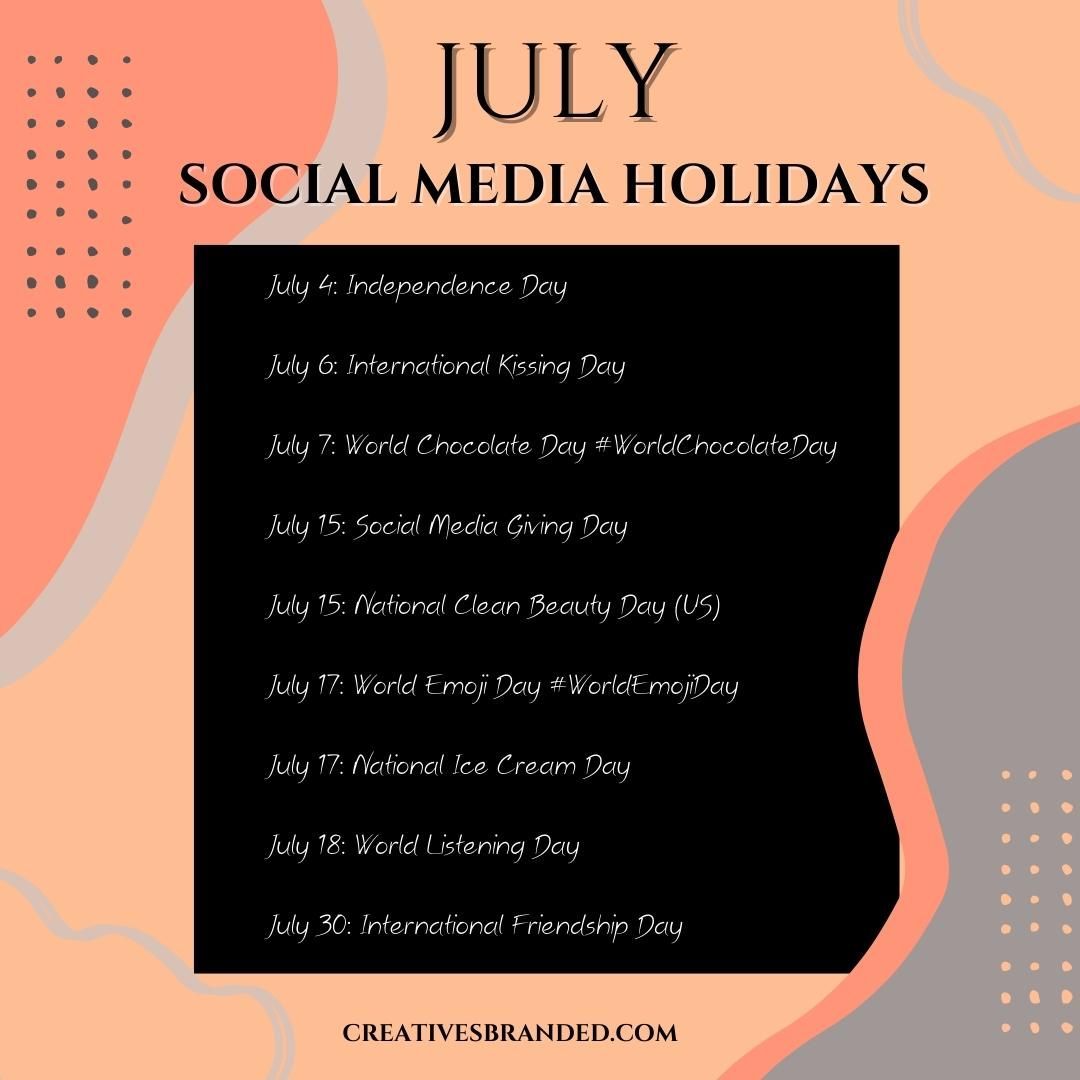 Who's already got their content completed for July?
Here are a few social media holidays that you can use as ideas when creating content for July.
◾July 6: International Kissing Day
◾July 7: World Chocolate Day #WorldChocolateDay
◾July 15: Social Media Giving Day
◾July 15: National Clean Beauty Day (US)
◾July 17: World Emoji Day #WorldEmojiDay
◾July 17: National Ice Cream Day
◾July 18: World Listening Day
◾July 30: International Friendship Day
Happy Content Creation!
#branding
#brandstylist
#design
#graphicdesign
#logo
#website
#webdesign
#aestheticarchetict
#contentcreator
#blackcreatives
#creative
#creativesbranded
#creativepreneur
#blackownedbusiness
#boss
#girlboss
#womeninbusiness
#womanpreneur
#cryseb