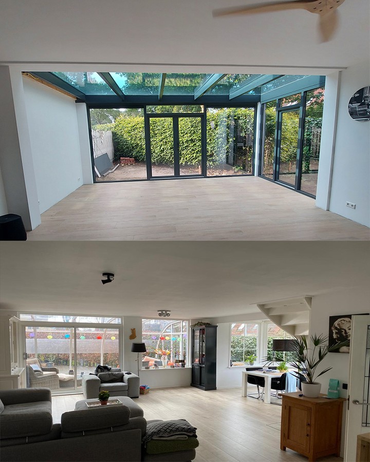 Uitbouw #serre #uitbouw #steel #aanemer #aanemersbedrijff #reconstruction #renovation #loodgieter #tileswork #livingroom #cozyhome #cozyhouse #interiorstyle #tileinstallation #tegel #dubbelglass #trippleglass #semcoklima #trespa #glassroof #wood #woodwork #timmerman #ramen #houtkozijn #stucwerk #denhaag #utrecht #amsterdam #hoofddorp