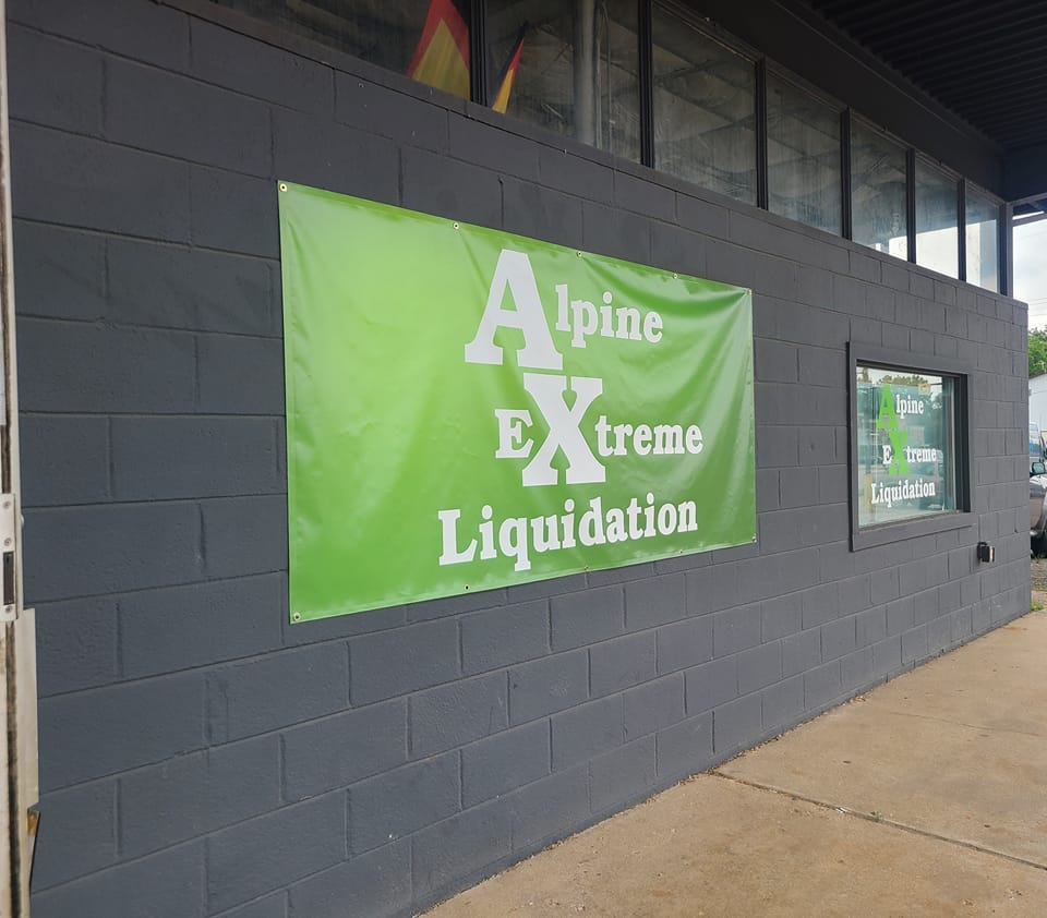 We helped the owners of Alpine Extreme Liquidation to open their new retail store with banners, decals, and a sign! Congrats on the new location and thanks for trusting us with your signage needs.