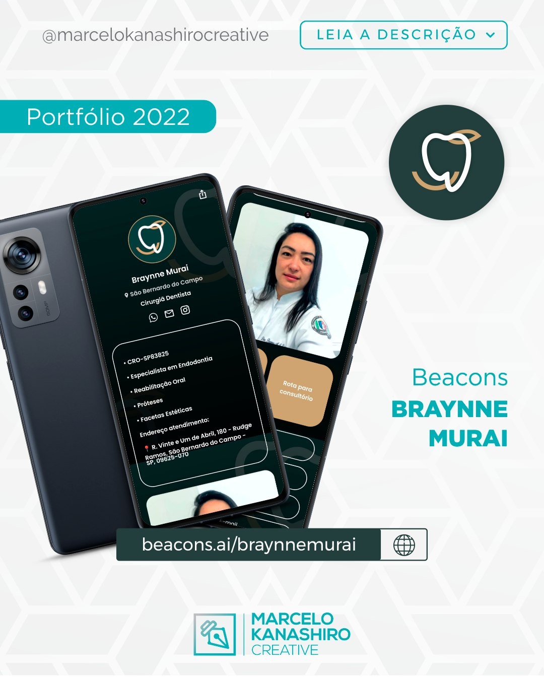 Você conhece o Linktree? Esqueça ele, e invista agora no Beacons.
É uma ferramenta tão IMPORTANTE, que eu mesmo a uso direto.
Ela é mais completa e eficaz que muitas outras por ai no mercado, pois além de ser um link em que te transporta para uma página única com todos os seus contatos (whatsapp, e-mail, localização, instagram, facebook, fotos, videos, comunidade, newslatter etc.), ela ainda possibilita criar um design mais chamativo e elegante.🙂
.
Solicite o seu, como a Dra. Braynne neste post.
Plataforma otimizadora prática e muito eficaz! 🙂
.
Apresento aqui um dos meus trabalhos, um beacons para a @braynnemurai
Curtiu? Entre em contato e solicite um Beacons para você também! 😉⠀
.⠀
.
👤 Braynne Murai⠀
🗓 2022⠀
📝 Beacons
.⠀
⠀
.⠀
🔸 Contato? Clique no link da BIO⠀
🔸 E-mail: kaorukanashiro@gmail.com⠀⠀
🔸 Site: www.marcelokanashirocreative.com⠀⠀
.⠀⠀⠀
#logo #logotype #logomark #logodesigner #logoinspire #identidadevisual #ppt #powerpoint #marketingdigital #marcelokanashirocreative #beaconsai #beacons #ferramentasdemarketing #braynnemurai #odontologia