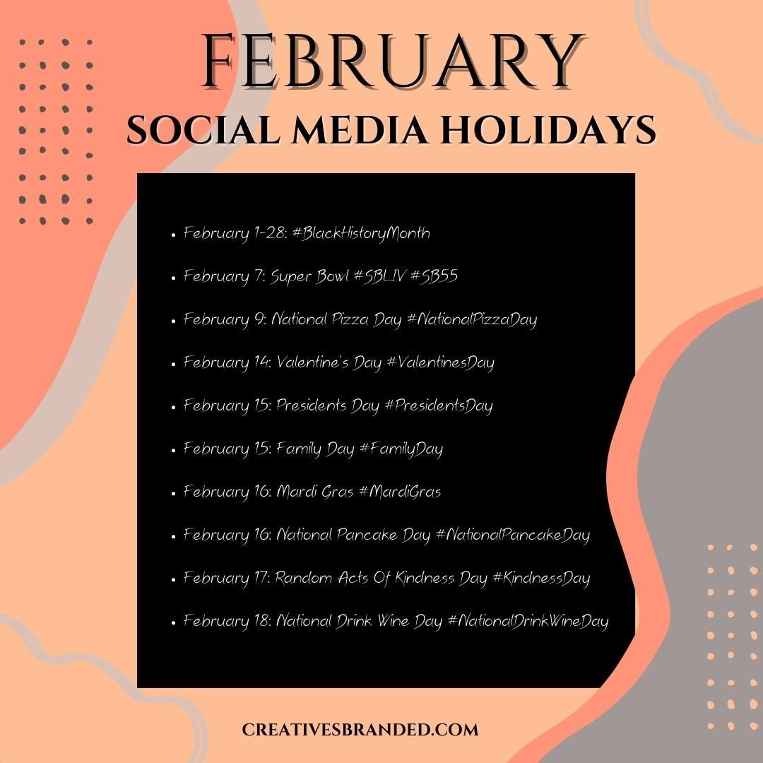 Happy February! Here are some of the social media holidays for the month of February. Use these for easy content creation ideas.
#branding
#brandstylist
#design
#graphicdesign
#logo
#website
#webdesign
#aestheticarchetict
#socialmedia
#contentcreator
#blackcreatives
#creative
#creativesbranded
#creativepreneur
#blackownedbusiness
#boss
#girlboss
#womeninbusiness
#womanpreneur
#cryseb