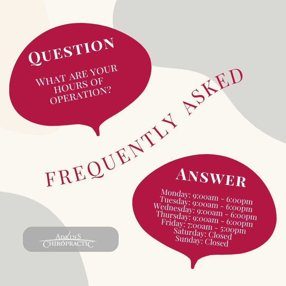 🌟 Explore Our Office Hours! 🌟
Your questions, answered! Wondering when you can visit us for top-notch care? Check out our operating hours below:
🕒 Monday-Thursday: 9am-6pm
🕒 Friday: 7am-5pm
We're dedicated to serving you during the week, ensuring you get the care you deserve. Remember, we're closed on weekends, so plan your visits accordingly! 💆♀️💆♂️
#ChiropracticCare #OpeningHours #FAQs #HealthyLiving #WellnessJourney