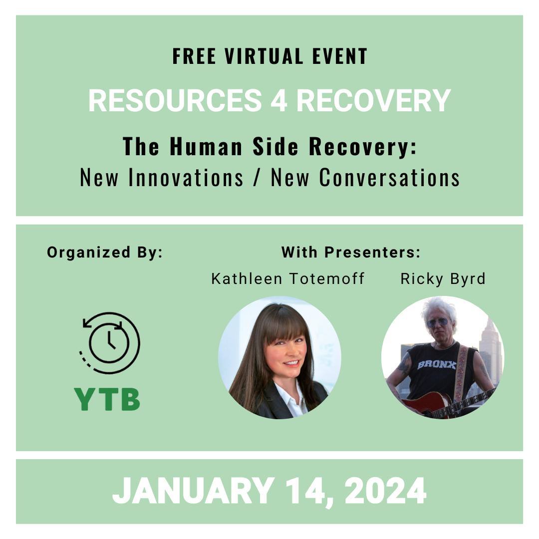 YTB presents - on Jan. 14, 2024, 4-6pm EST, Resources4Recovery.
Hear from Kathleen Totemoff, Founder/President of iEXIST, LLC, on innovative approaches and strategic partnerships in changing the trajectory of the substance misuse epidemic.
Talk with and listen to Ricky Byrd, Recovery Troubadour, in recovery since 1987.
This is a free, virtual event. Donations are optional but much appreciated as they help support YouthTimebanking activities.
➡️ Register at https://tinyurl.com/Resources4Recovery
Recovery Resource on Amazon Prime Video - SURVIVORS (2023): UNTOLD STORIES IN AMERICA’S OPIOID CRISIS by Kay Sumner.